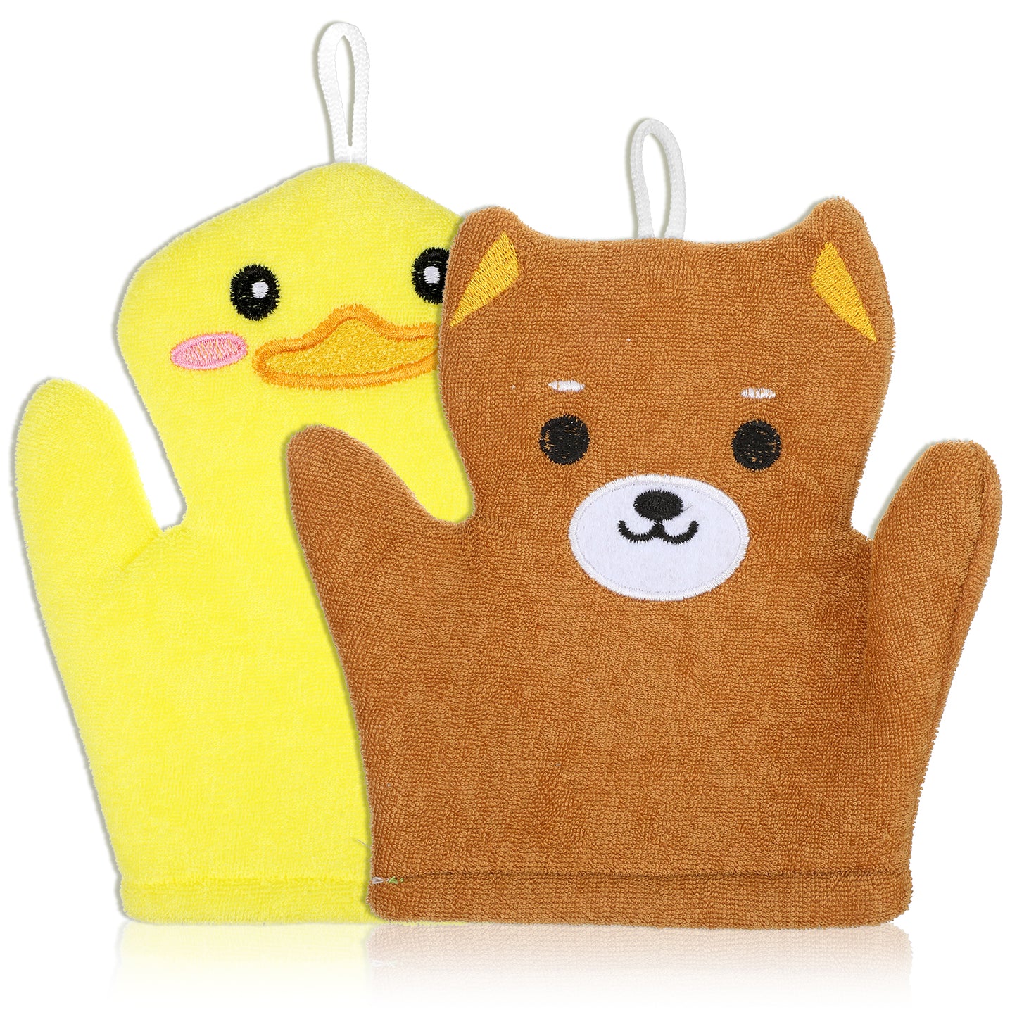 FNANJWQ 2 Pieces Baby Bath Mitt Washcloths Gloves, Microfiber Soft Washcloths for Kids Designed in Cute Animal Yellow Duck Brown Bear Gentle Scrub for Baby Girl Boy Bath Shower