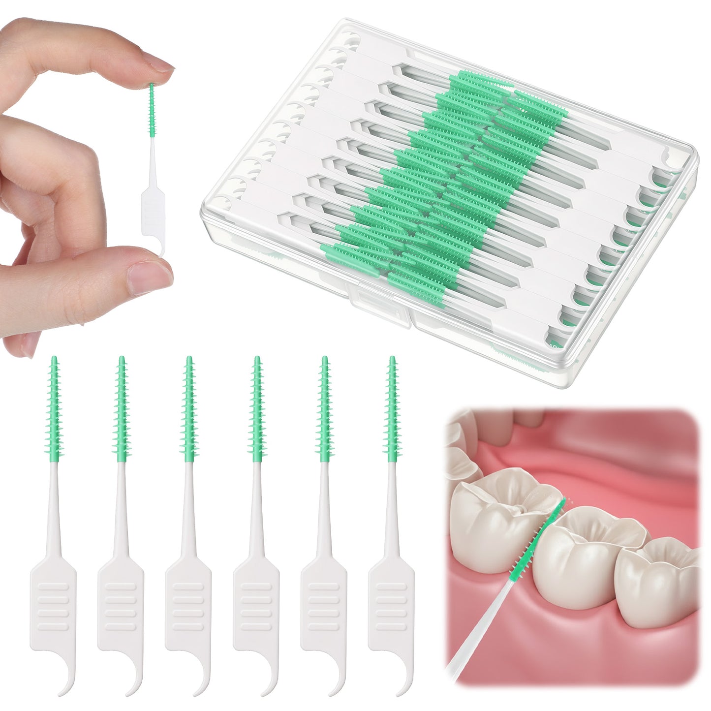 Hadnves 300 Pcs Dental Floss Picks Dual-Use Interdental Brushes Soft Silicone Brush Head Toothpicks Portable Tooth Picks Flossers Teeth Braces Cleaning Tool for Adults (Green)