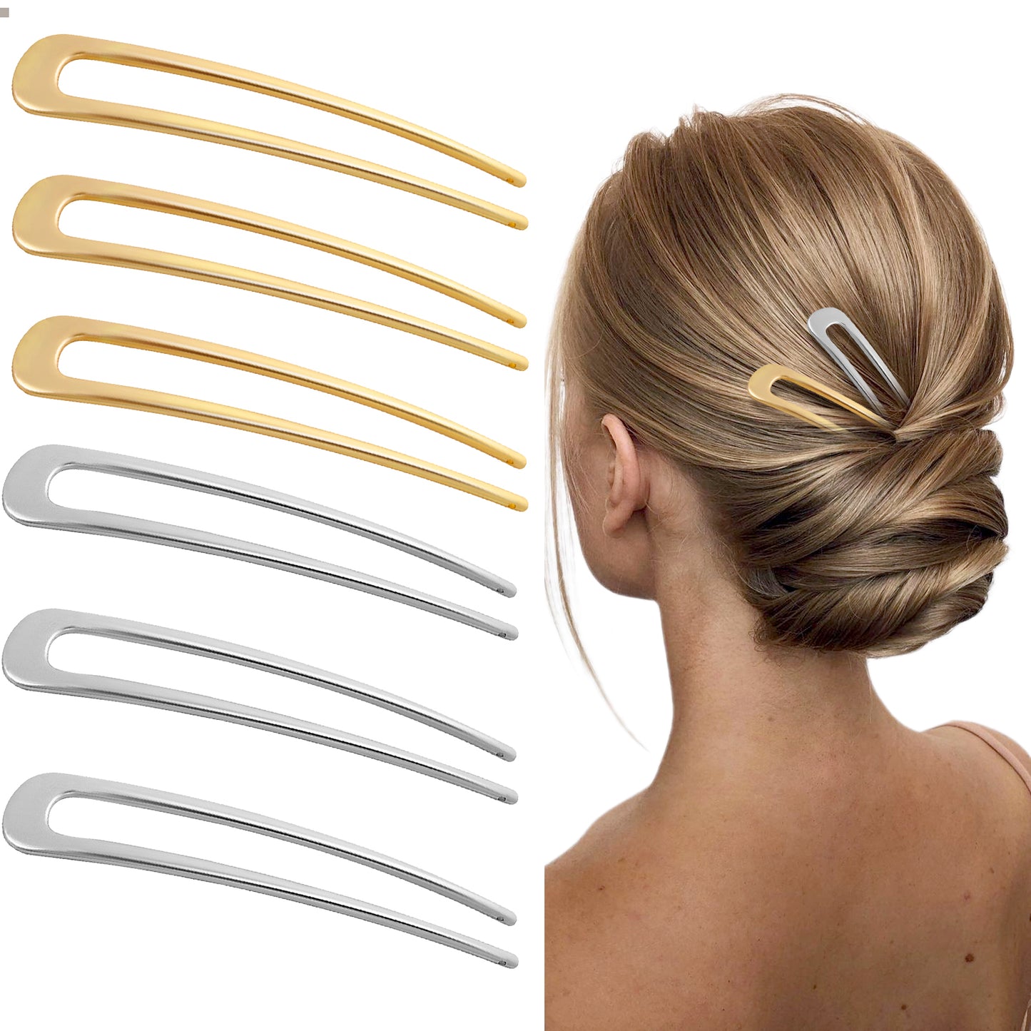 6 Pcs French Hair Pins for Women, U-Shaped Metal Hair Pins and Forks for Women, 3.9 Inch Hair Sticks French Twist Hair Fork 2 Prong Sticks for Buns, Twists, Updos, Knots, and Wedding Hairstyles