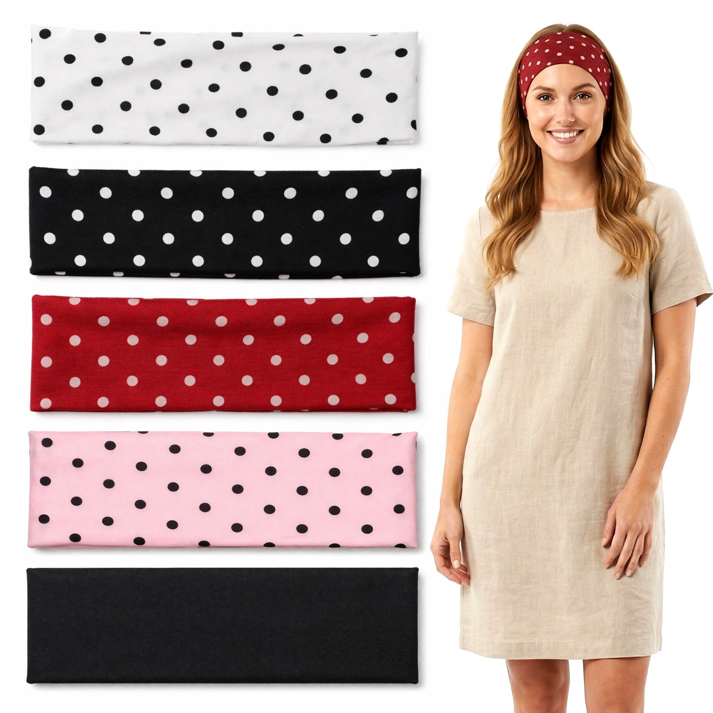 5 Pcs Polka Dot Headbands for Women Cute Classic Fabric Headband Trendy Non Slip Sports Hair Bands Elastic Wide Headband Soft Cotton Cloth for Yoga Workouts Daily Wear Cosplay Party