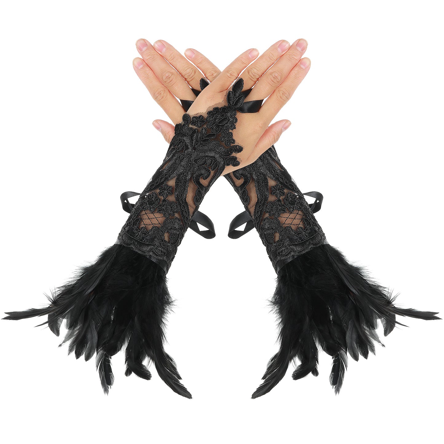 ElevateTech 2PCS Women's Lace Feather Long Gloves Gothic Black