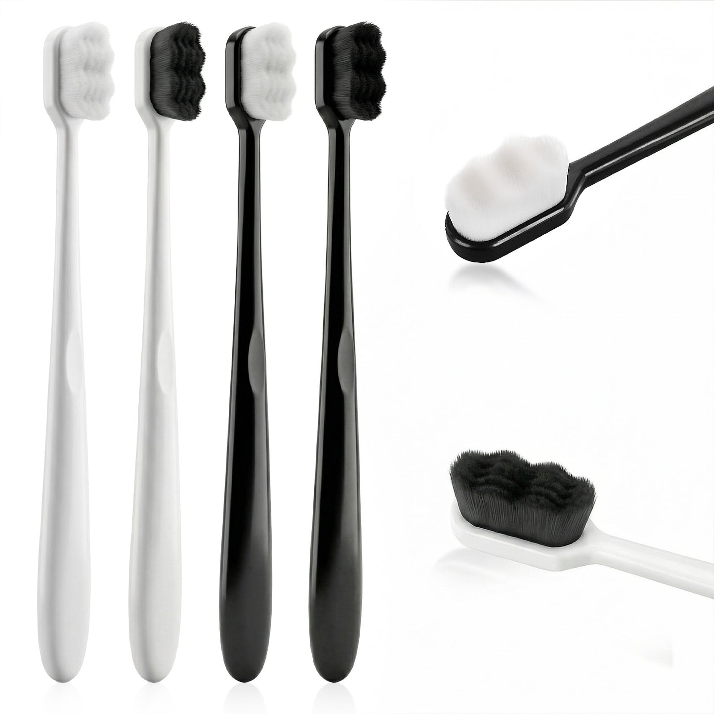 ElevateTech Extra Soft Toothbrush, 4 Pcs Micro Nano Toothbrushes with 10000 Ultra Soft Floss Black Wave Bristles Manual Toothbrush for Adults Kids Sensitive Gums (Black White)