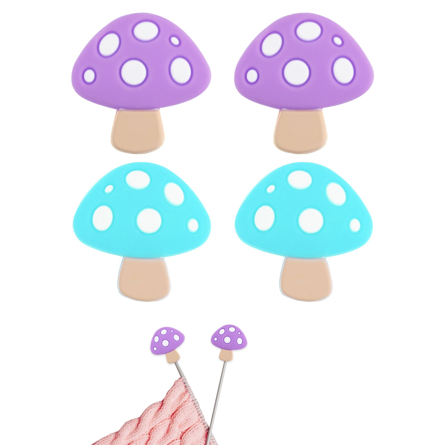 4Pcs Mushroom Stitch Stoppers Knitting Needle Point Protectors Cute Silicone Knitting Needles Cap Knit Needle Tip Hugger Needle Minder Sewing Gadgets for Beginners Knitting Craft DIY (Purple,Blue)
