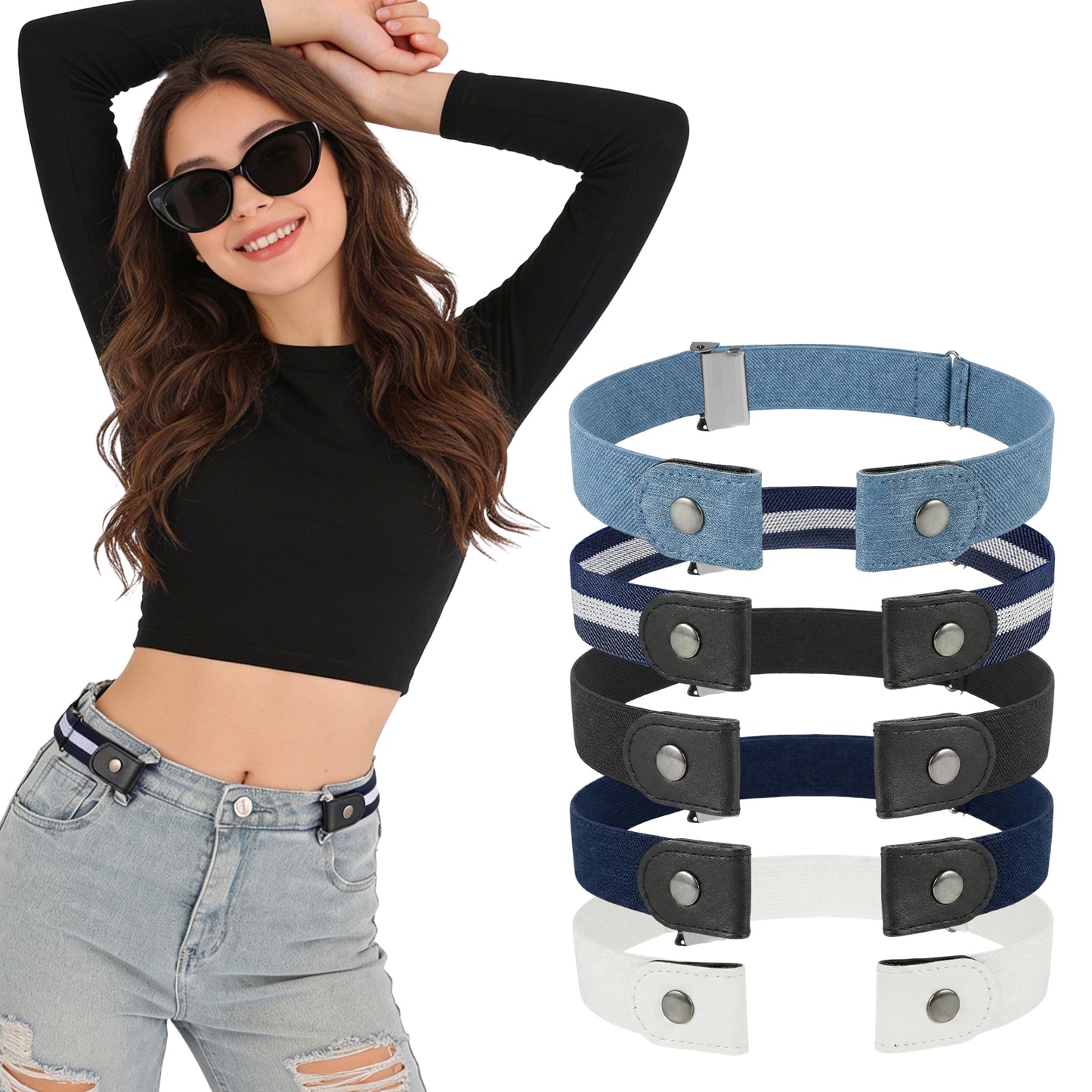 Qianyu 5 Pcs No Buckle Elastic Belt Buckle-Free Invisible Stretch Belt Comfortable Invisible Belts for Women Men Jeans Pants Dresses