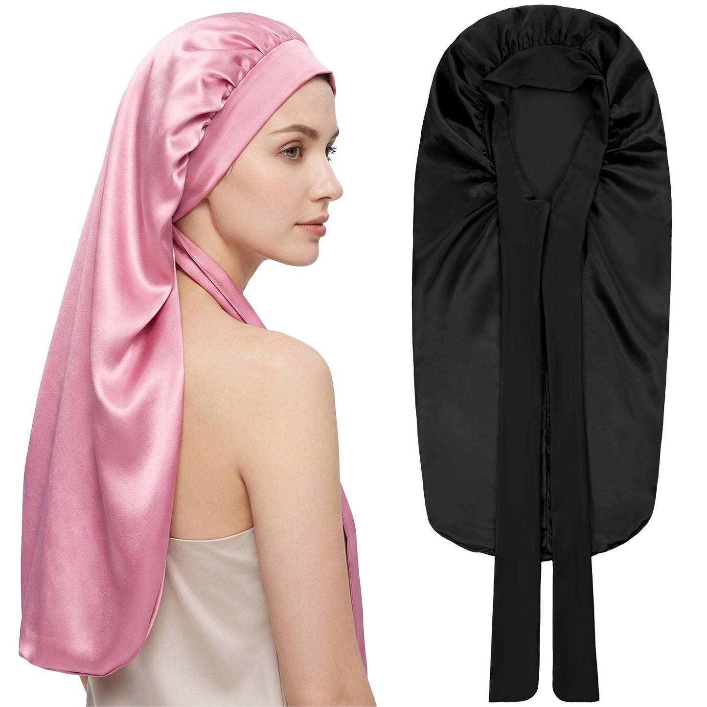 Gjinxi 2pcs Long Bonnet Satin Hair Silk for Sleeping Women, Silky Satin Bonnets with Tie Band Extra Large Sleep Cap Adjustable Bonnets for Natural Braids Curly Locs Hair