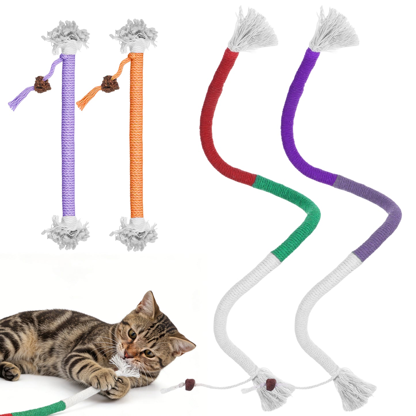 Qianyu 4 Pcs Cat Chew Rope Toy Interactive Kitten Teething Cleaning Toys Pet Transfer Chewing from Wires Safe Kitty Cotton String Kicker with Natural Silvervine Ball for All Breeds Indoor