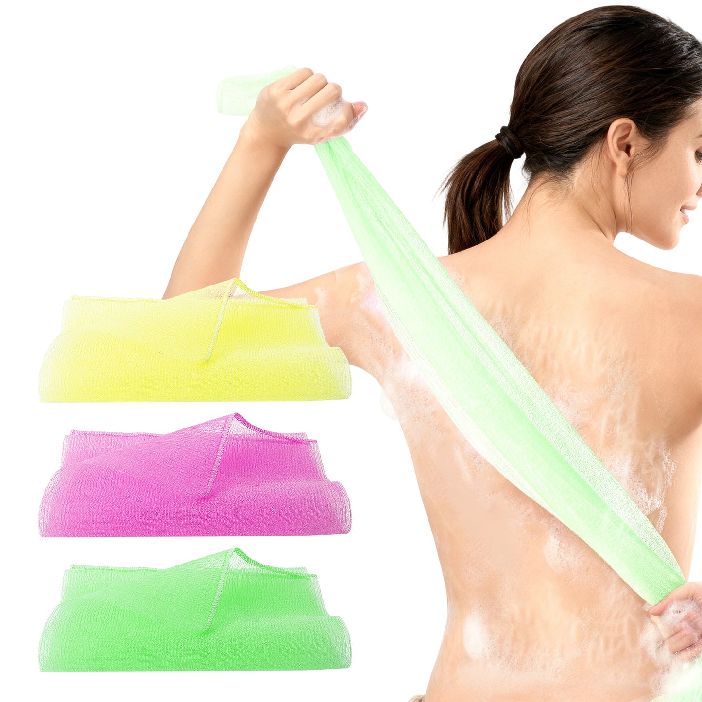 3 Pieces Exfoliating Washcloth Japanese Body Back Scrubber Korean Exfoliating Luffah Towel Beauty Shower Loofah Luffa Sponge Cleaner Scrub Wash Cloth for Men Women Dead Skin Remove (Yellow+Pink+Green)