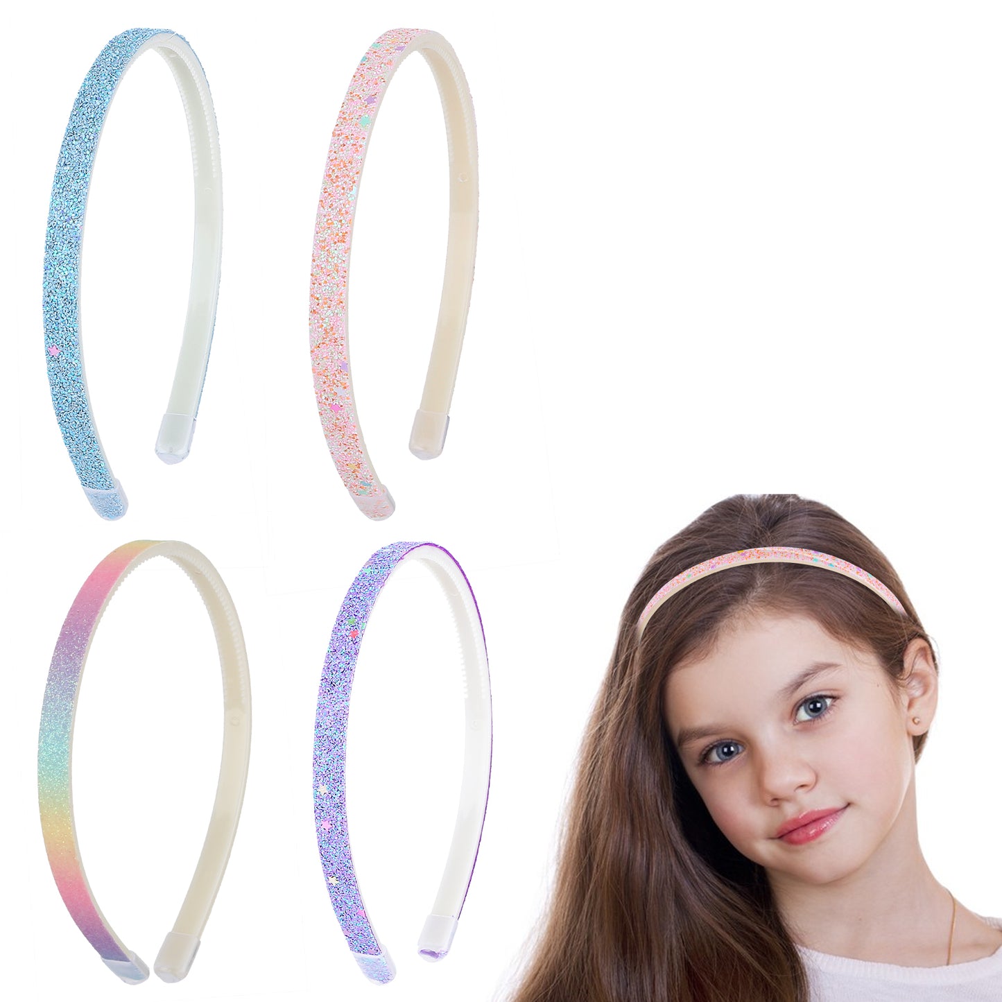 COMNICO 4pcs Glitter Girls Headbands, Sweet Cute Sparkly Star Hairband Bling Confetti Rainbow Headpiece Plastic Non Slip Hair Bands with Teeth, Colorful Hair Accessories for Teens Children Women