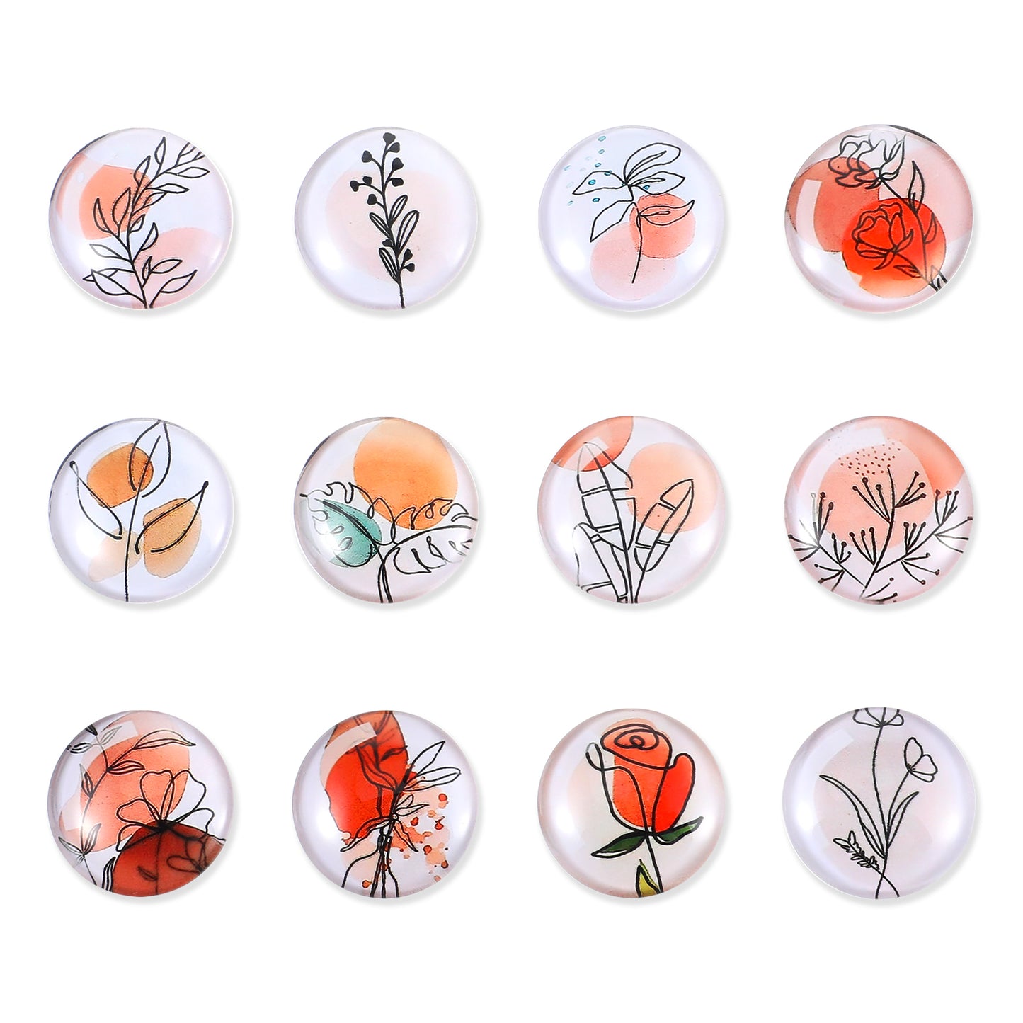 12Pcs Glass Strong Magnet Refrigerator Cute Fridge Decorative Magnet Stickers Round Line Drawing Flower Magnets Whiteboard Cabinet Locker Magnets for Kitchen Office Dishwasher Classroom Supplies