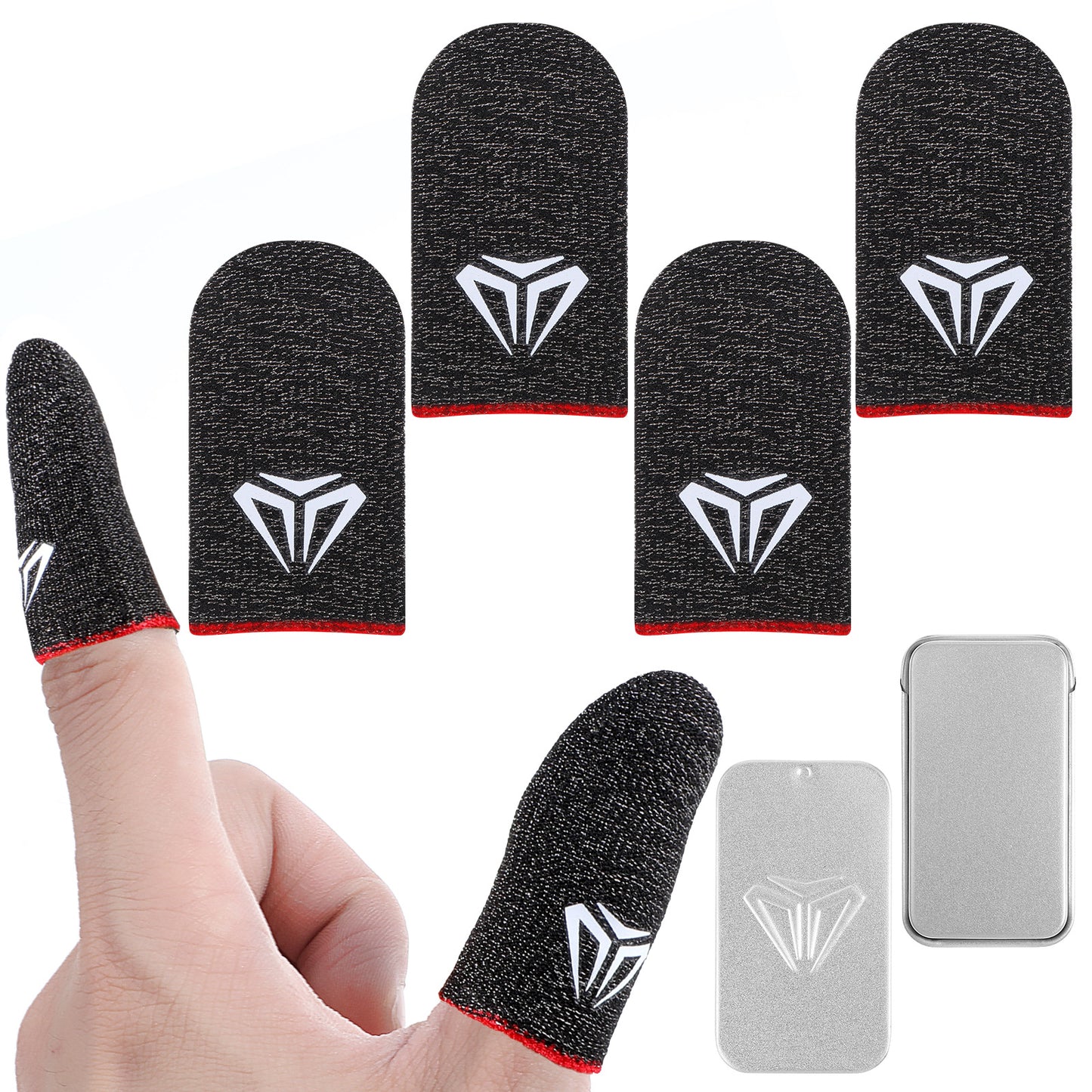 Heclia Model Gaming Finger Sleeves 4PCS 0.3mm Silver Fiber Black Thumb Sleeve Protector Anti-Sweat Smooth Operation, Breathable Touchscreen Finger Cover Sleeves Phone Gaming Gloves for Most Gamers