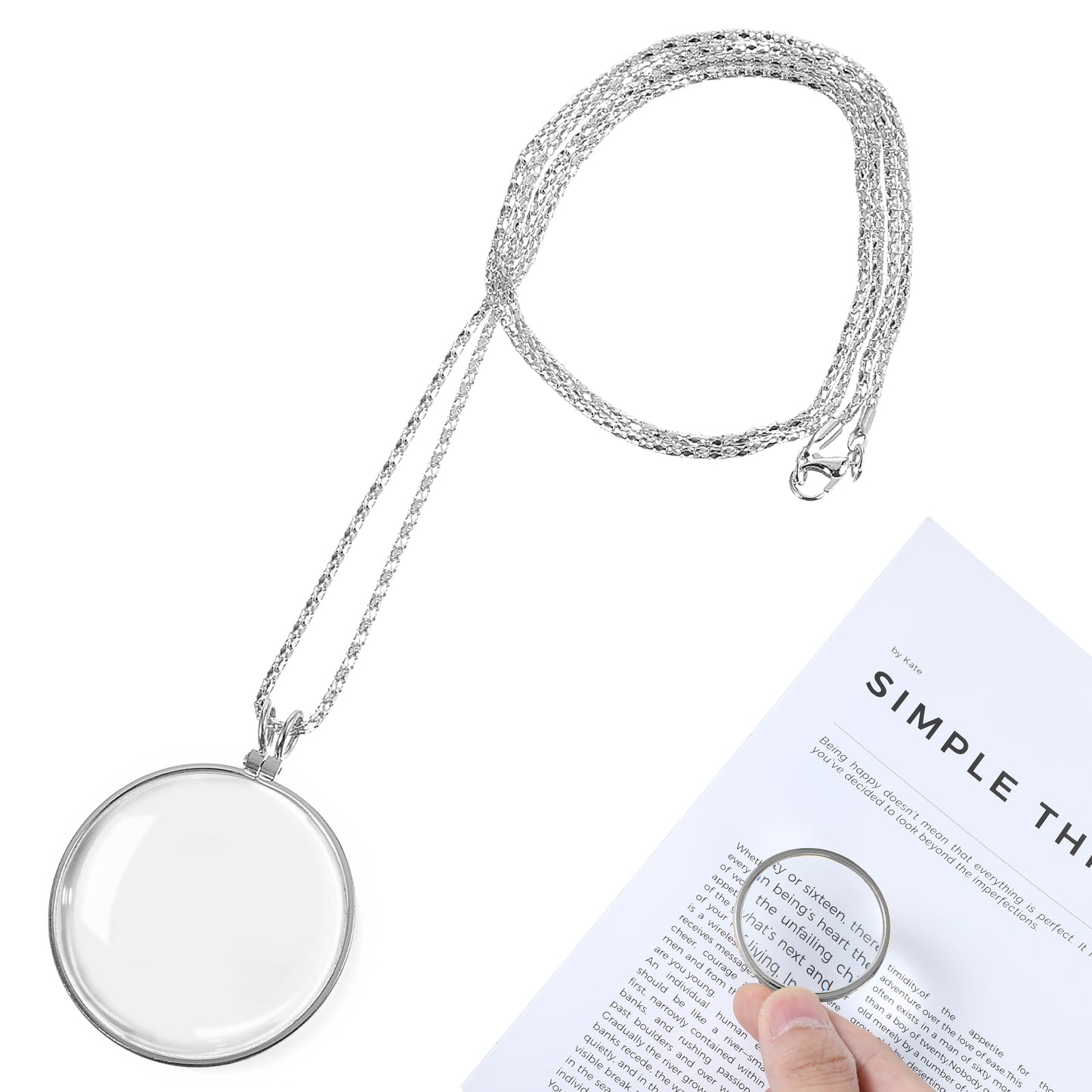 COMNICO Magnifying Glass Necklace Monocle, 1Pcs 5X Necklace Magnifier Glass Portable Reading Monical Eyepiece Pendant Alloy Chain for Kids Youth and the Elderly Reading Books Newspapers(silver)