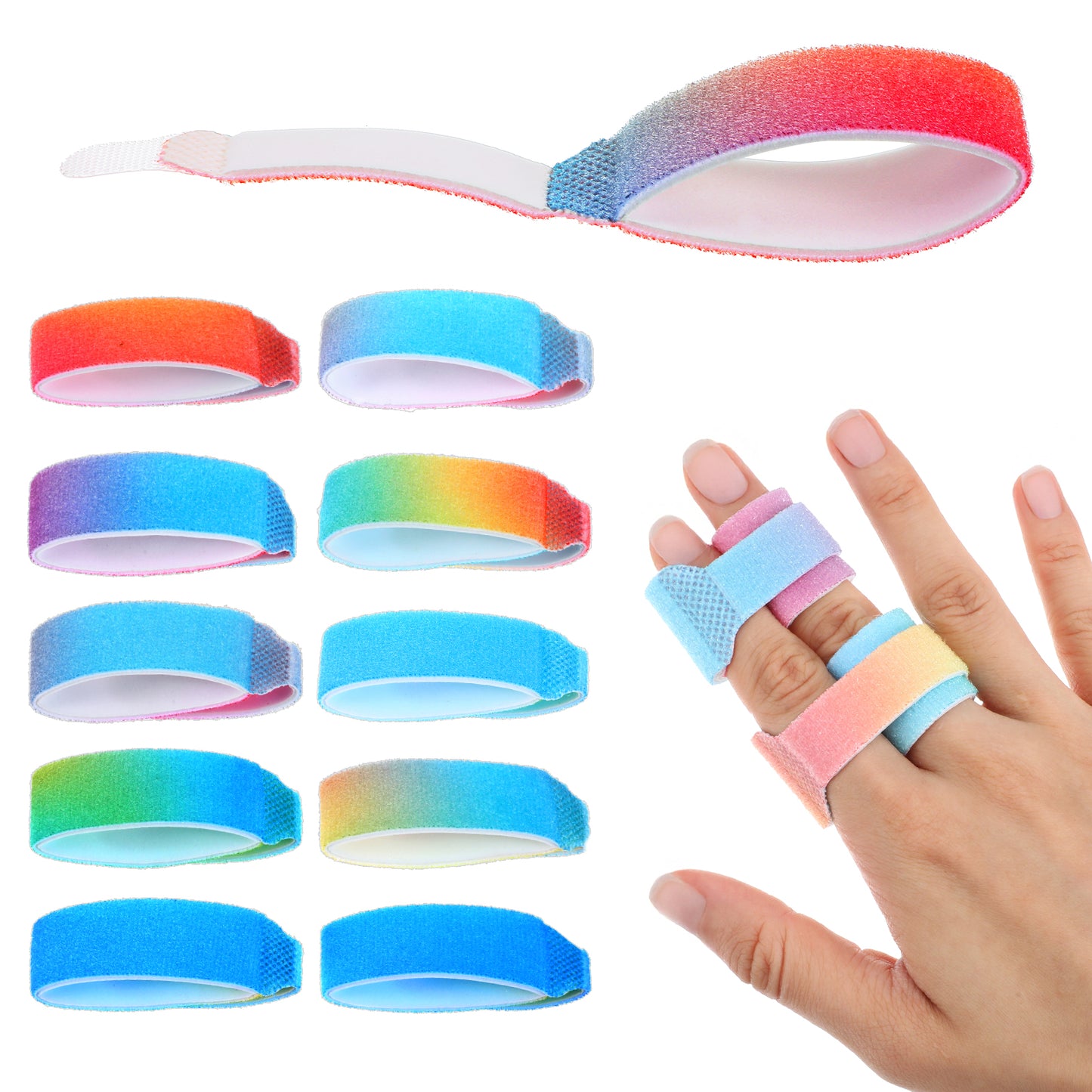 Wanmu Buddy Tape Finger Straps, 10 Pcs Finger Buddy Wraps With Padded, Hook and Loop Fingers Tapes Pinky Fingers Splint for Injured, Jammed, Swollen Finger-Support, Washable and Reusable (Color Gradi)