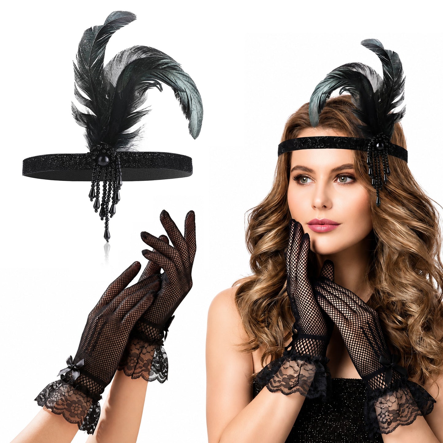 ElevateTech 1920s Feather Fascinator Headband and Lace Glove Set Black