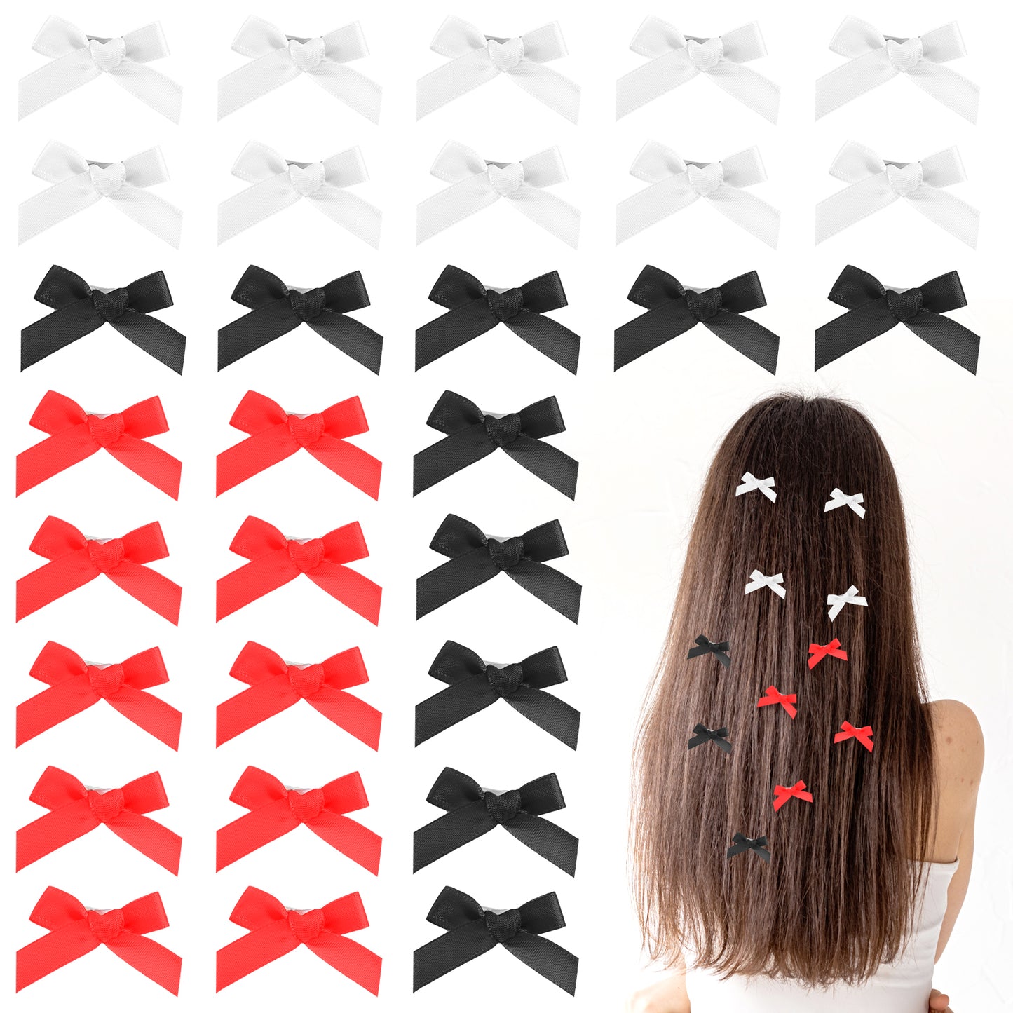 Wanmu 30Pcs Hair Bows, Mini Bowknot Ribbon Barrettes, Kawaii Bow Hair Clips for Women Girls, Hairpins with Bowknots in Black, Red, and White for Hair Design