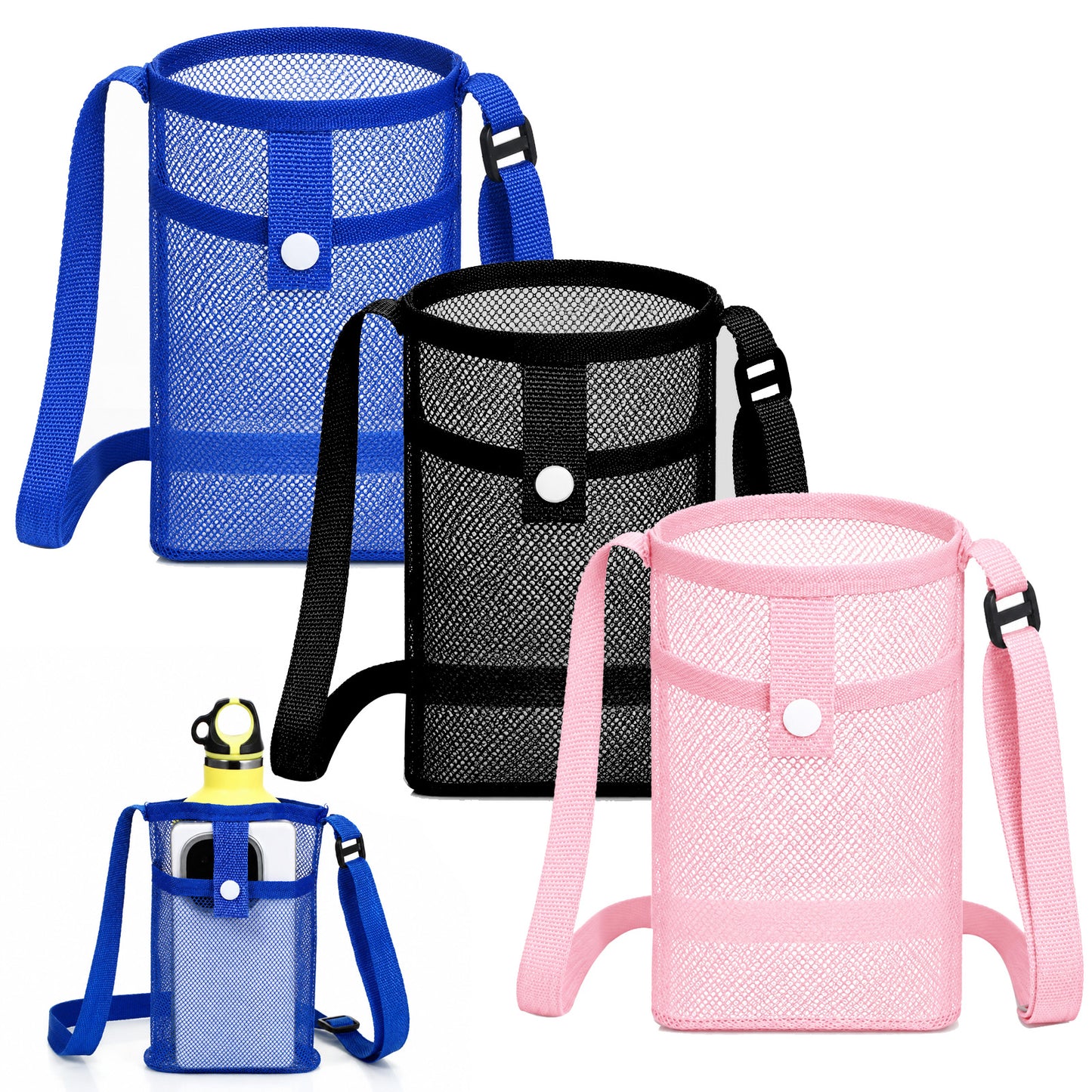 QFGasre Bottle Holder With Strap, 3 Pcs Mesh Water Bottle Carrier with Adjustable Shoulder Strap Portable Sling Bag With Pocket Bottles Holder Straps for Walking, Hiking, Camping, Travelling