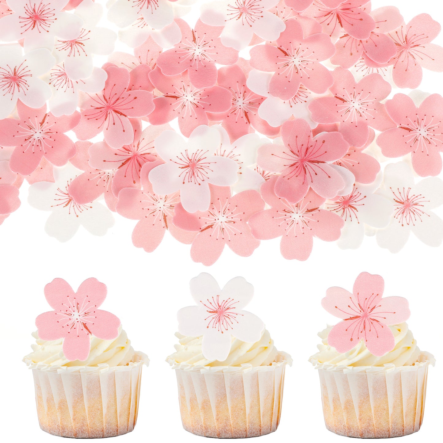 60pcs Edible Flowers Cake Topper Cupcake Toppers Decorations Rice Paper Pink Cherry Blossom Flowers Wedding Themed Party Birthday Cake Decoration Spring Bridal Engagement Baby Shower cake Theme Decor