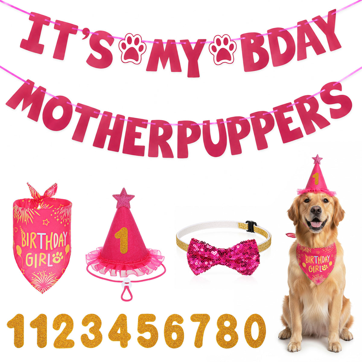 Rose Pink Dog Birthday Bandana Set, Dog Birthday Party Supplies with Hat Bandana Numbers Adjustable Pet Anniversary Outfit for Halloween Small Girl Pets Puppy
