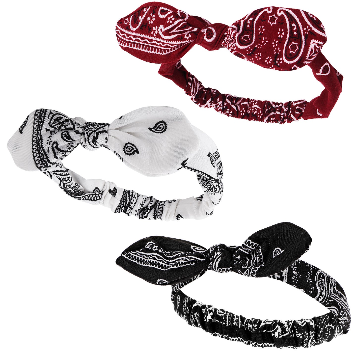 3 Pcs Bandana Headband for Women Wide Knotted BowKnot Retro Print Bandana Paisley Print Adjustable Headwrap Cute Summer Non-Slip Turban Elastic Sports Hair Accessories for Women and Girls