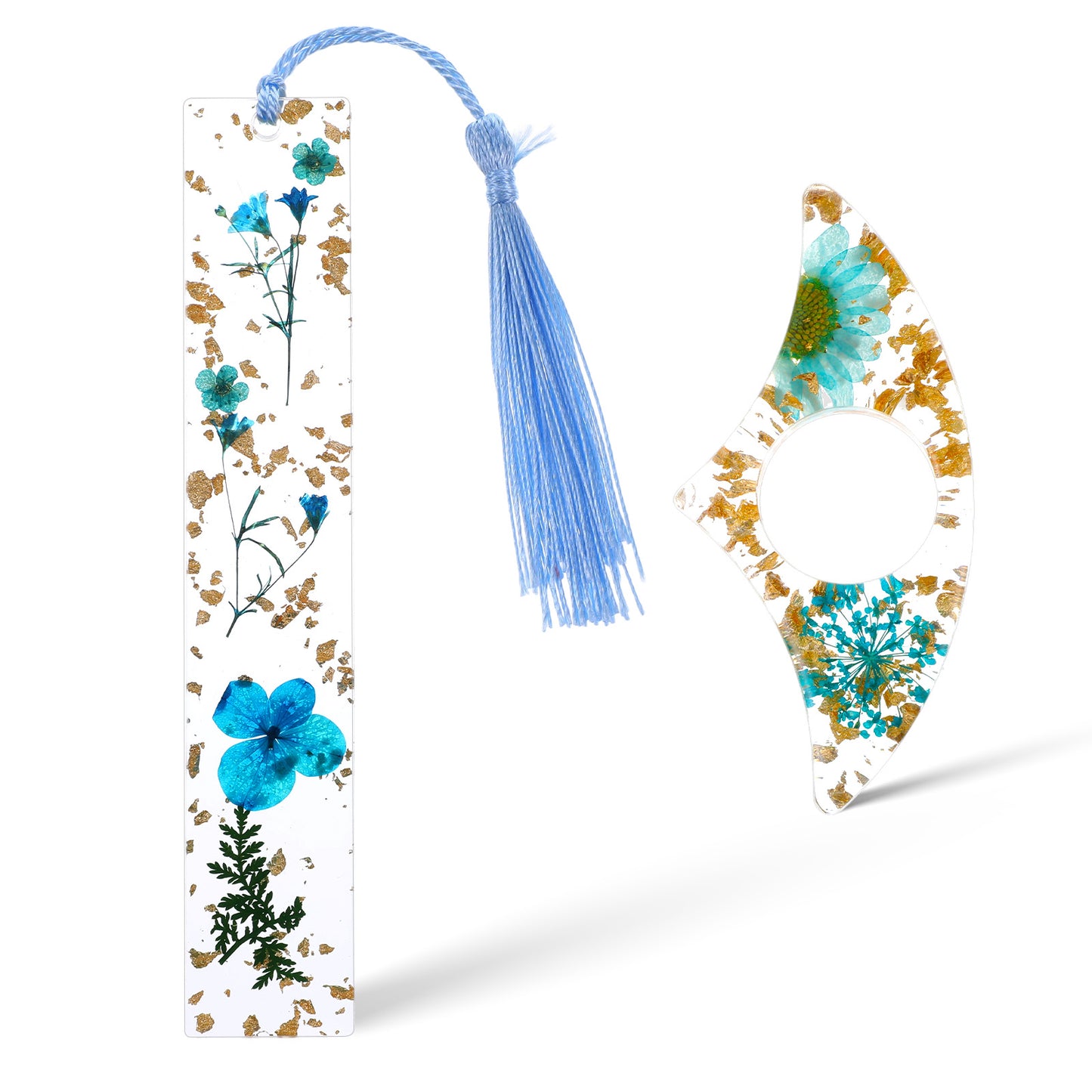 2Pcs Book Page Holder, Dried Flower Resin Thumb Book Page Holder and Bookmark with Tassel, Book Accessories for Reading Lovers, Gift for Bookworm, Readers, Literary, Students, Teachers (Lake Blue)