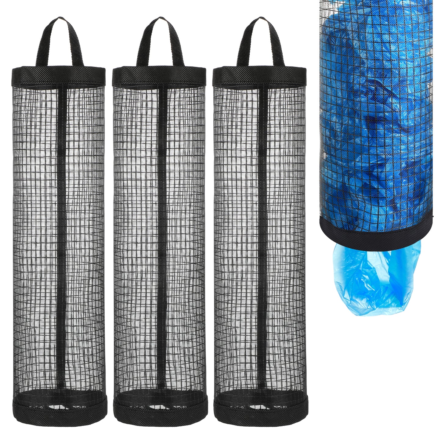 Dimeho 4 Pack Plastic Bag Holder, Grocery Bags Plastic Mesh Hanging Storage Bag Dispenser Trash Bags Holder for Plastic Bags Washable Grocery Shopping Bag Organizer for Home Kitchen, Black