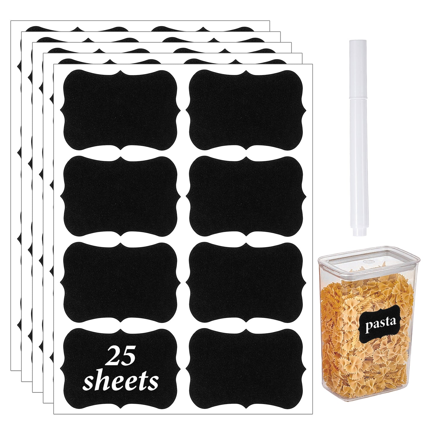 Qianyu 200 Pcs Chalkboard Labels Waterproof Blackboard Stickers Erasable Reusable Blackboard Labels with 1 Liquid Chalk Markers Pen for Jars Parties Decoration Craft Rooms Weddings Storage Organize