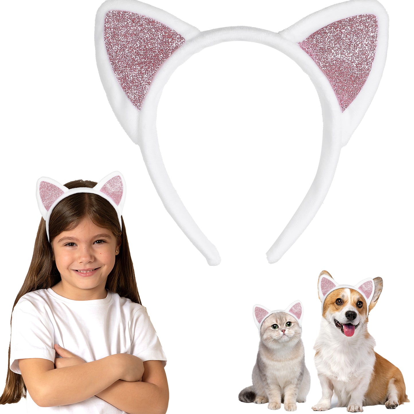 COMNICO Cat Ears Headbands, Plush Soft Cute Washing Face Head band Fuzzy Kitten Makeup Hair Headbands for Mask Skincare Spa Yoga Halloween Parties Cosplay(White)