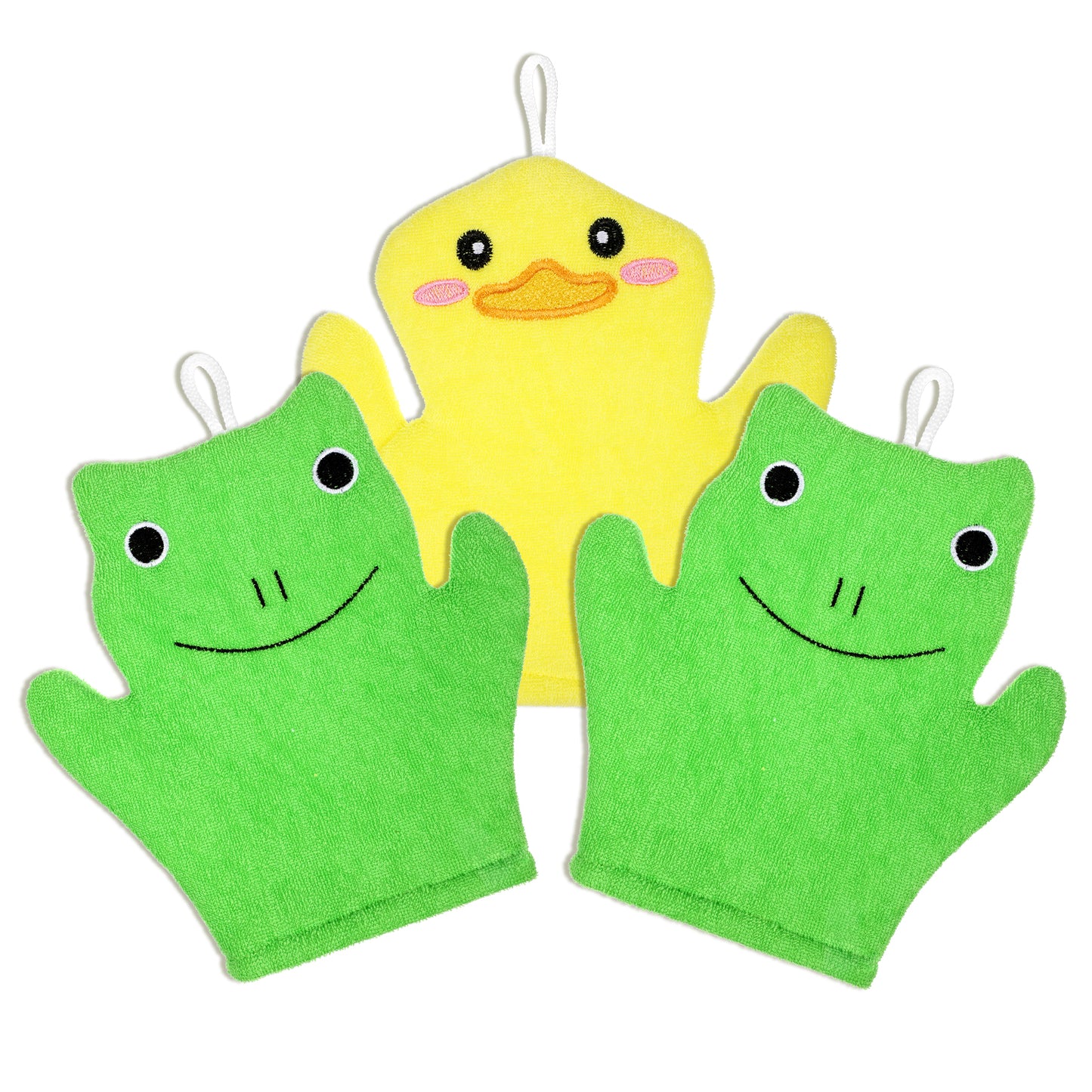 FNANJWQ 3 Pcs Baby Bath Mitt Washcloths Gloves, Microfiber Soft Washcloths for Kids Designed in Cute Animal Duck Frog Bear Gentle Scrub for Baby Girl Boy Bath Shower