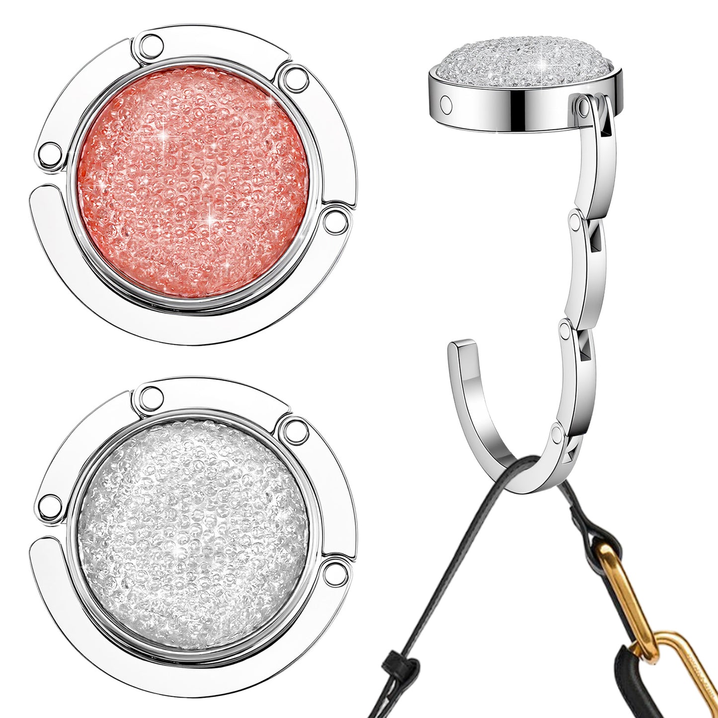 Wanmu 2Pcs Foldable Purse Hook Folding Handbag Hanger Women's Bag Holder Bling Rhinestone Table Bag Holder for Desk (Pink, White)