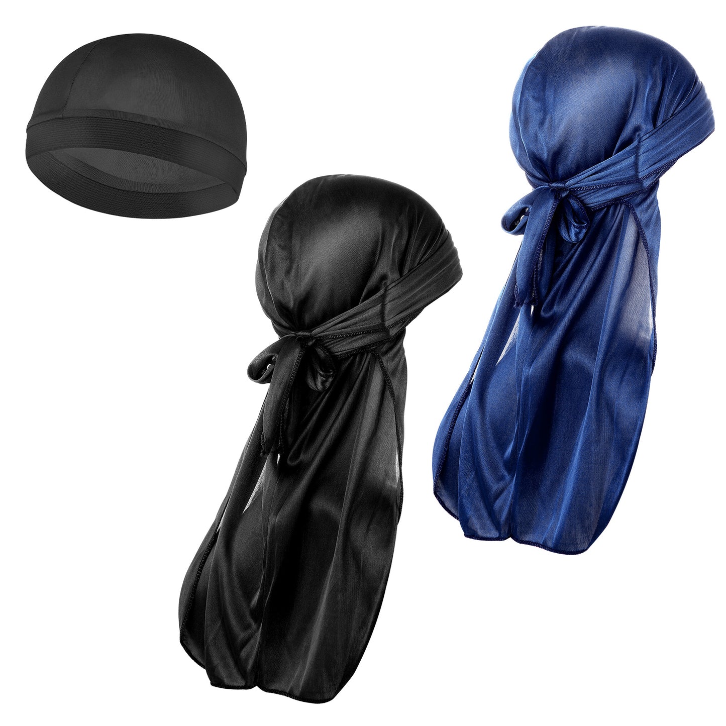 WLLHYF 3 Pieces Silky Durag Caps Elastic Wave Cap Headwraps Dome Long Tail Hair Cap Sweat Wicking Hat Breathable and Comfortable Headwrap Hat Shower Cap for Men Women Black (Black Navy Blue)