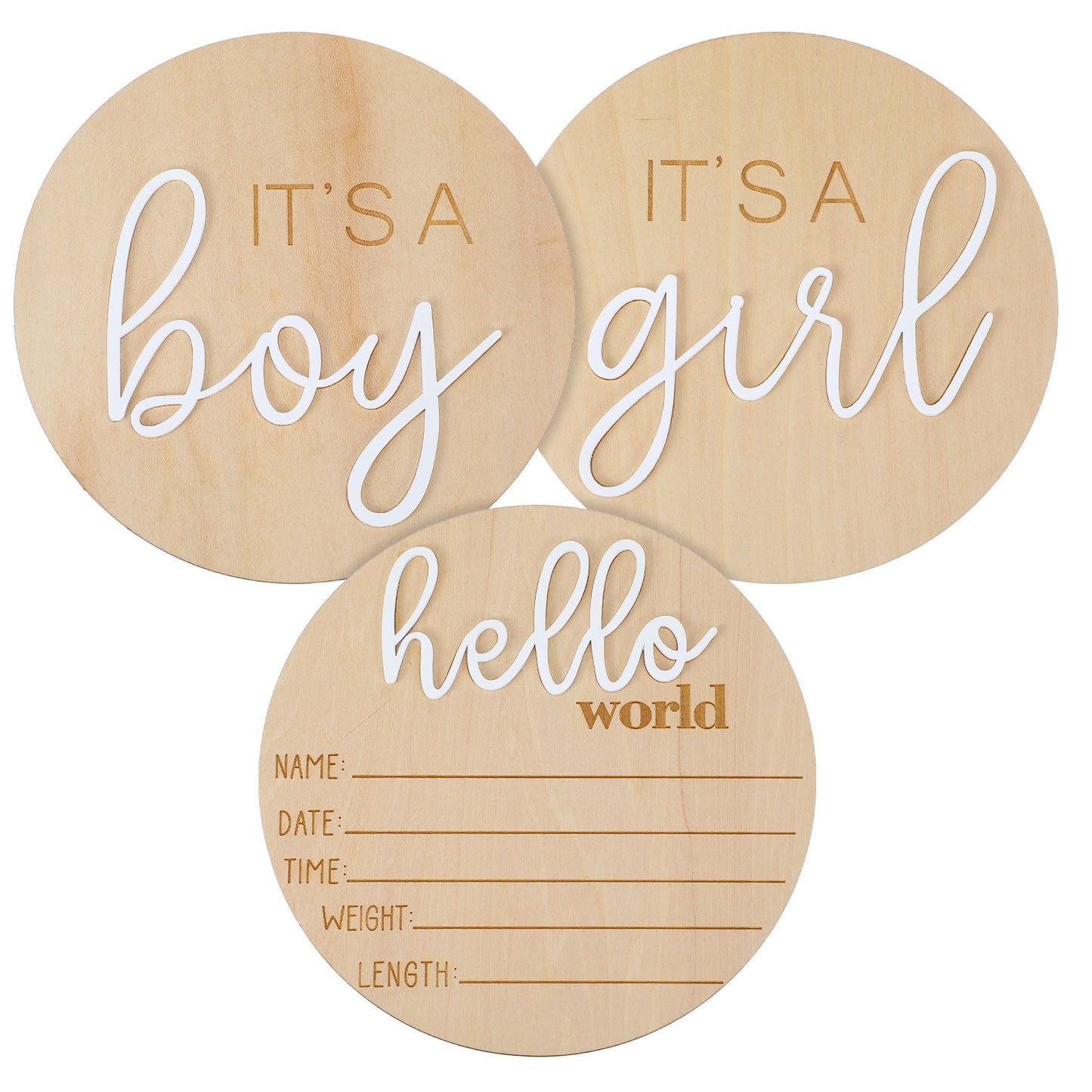 COMNICO 3pcs Wooden Newborn Announcement Sign, Its a Boy Its a Girl Hello World Boho Gender Reveal 5.9in Birth Welcome Birth Name Plaques for Hospital Nursery Baby Shower He She Photography Prop