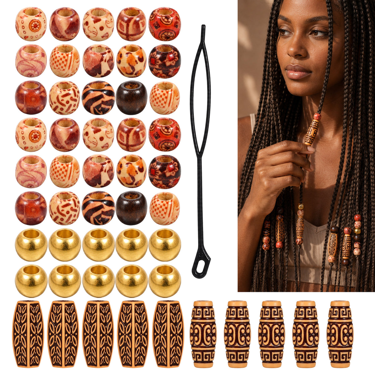 60Pcs Wooden Hair Beads for Braid Loc Dreadlock Jewelry Accessories
