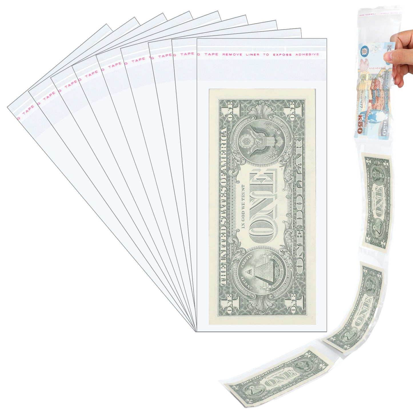 ElevateTech Cake Money Box Transparent Bag, 250 Pcs Clear Plastic Money Currency Sleeves Self-Sealing Moneys Bags for Christmas Wedding Party Favor Resealable Cookie Bags Gifts, 3 x7 Inch