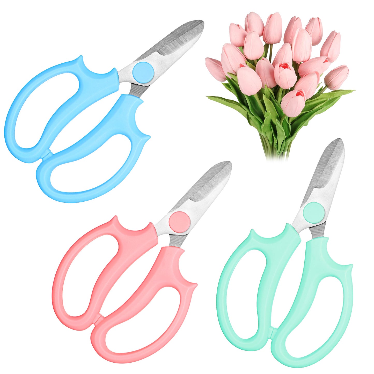 3 Pcs Garden Flower Scissors, Pink Floral Shears Professional Floral Scissors with Comfortable Grip Handle, Premium Garden Clippers for Flower Arrangement Picking Cutting(Pink,Green,Blue)