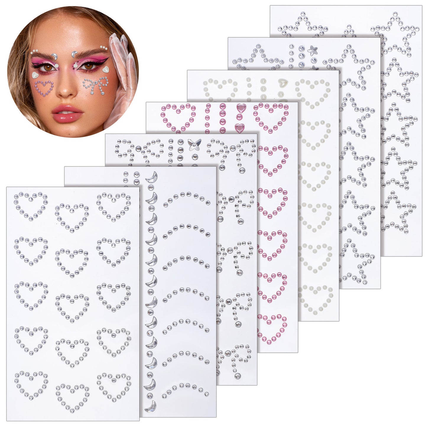 7 Sheets Face Makeup Gems Stickers Self Adhesive 3D Star Heart Moon Shape Jewels Sparkly Face Rhinestone Stickers Stick on Gems Pearl Rhinestones Sticker Faces Hair Makeup Body Crafts Festival Decor