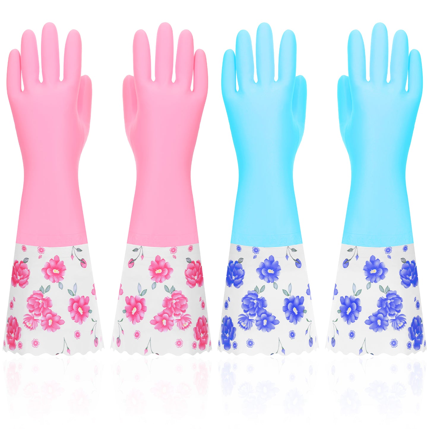 2 Pairs Rubber Cleaning Gloves Household Kitchen Dishwashing Gloves Long Cuff Glove with Cotton Flocked Liner Reusable Waterproof Non-Slip Household Glove for Bathroom Laundry Gardening Gift for Mom