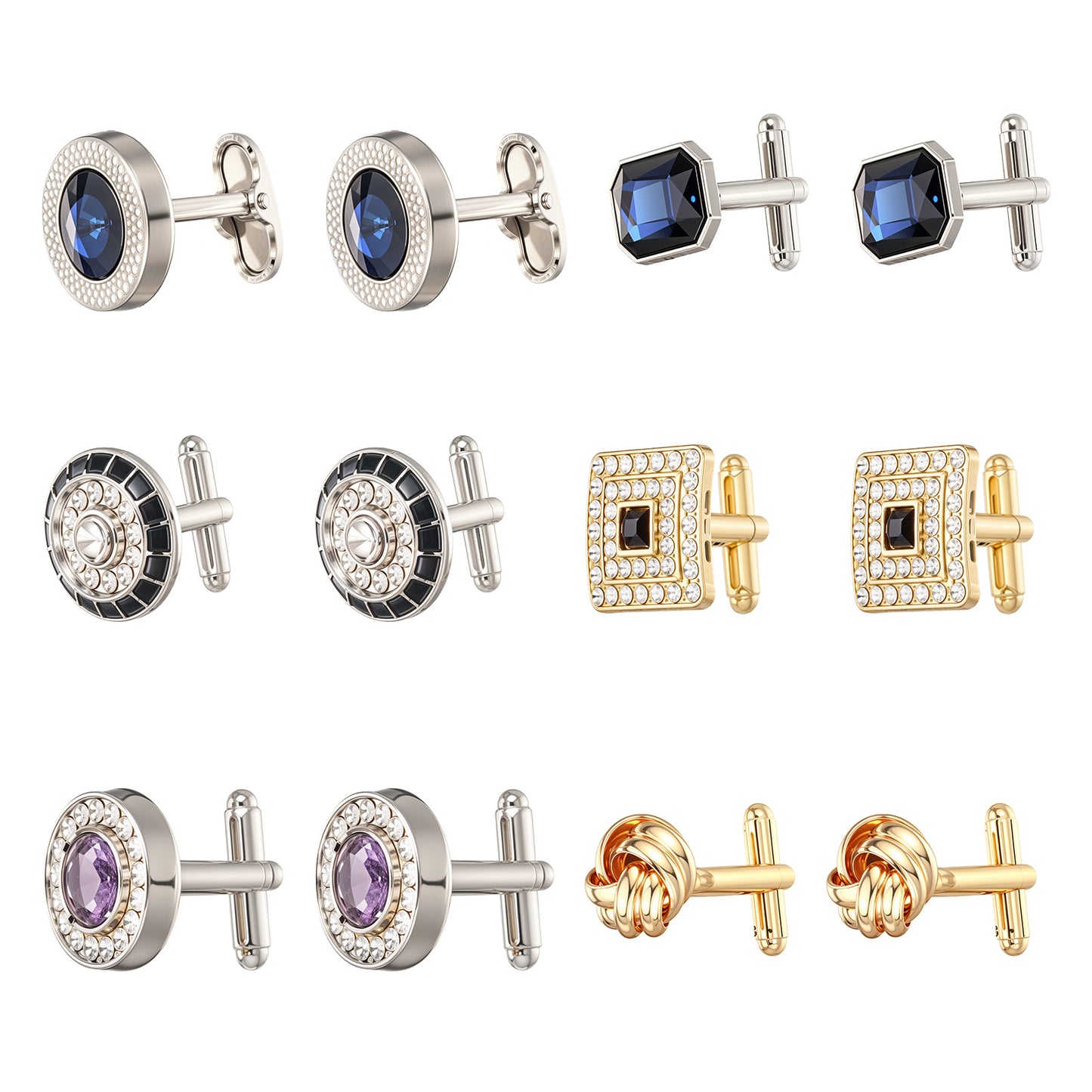 COMNICO 6 Pairs Cufflinks for Men Gorgeous Diamond Crystal Cufflinks Fashion Classic Tone Cuff Links Round Square Rectangle Cuff Links Shirt Studs Formal Business Wedding Gifts for Men