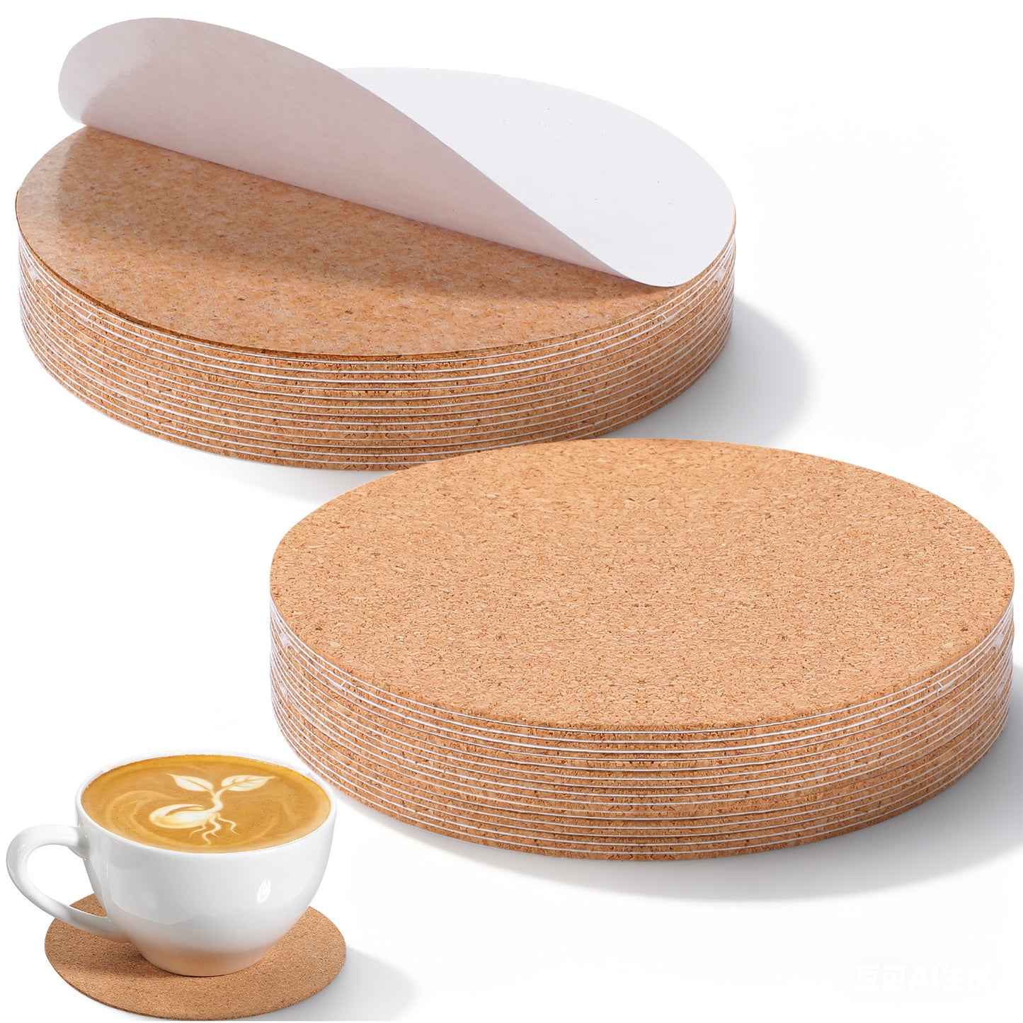 Wanmu 30 Pack Round Corks Coasters, 4" Cork Coasters for Drinks Absorbent Blank Saucers Reusable Coffee Coaster, Adhesive Hot Mug Safe & Non-Slip Surface Bulk DIY Coaster for Kitchen Office Home Bar