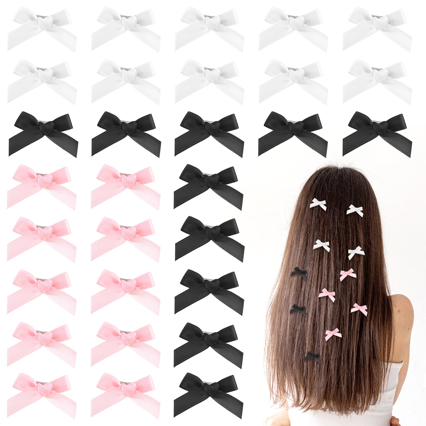 Wanmu 30Pcs Hair Bows, Mini Bowknot Ribbon Barrettes, Kawaii Bow Hair Clips for Women Girls, Hairpins with Bowknots in Black, Pink, and White for Hair Design