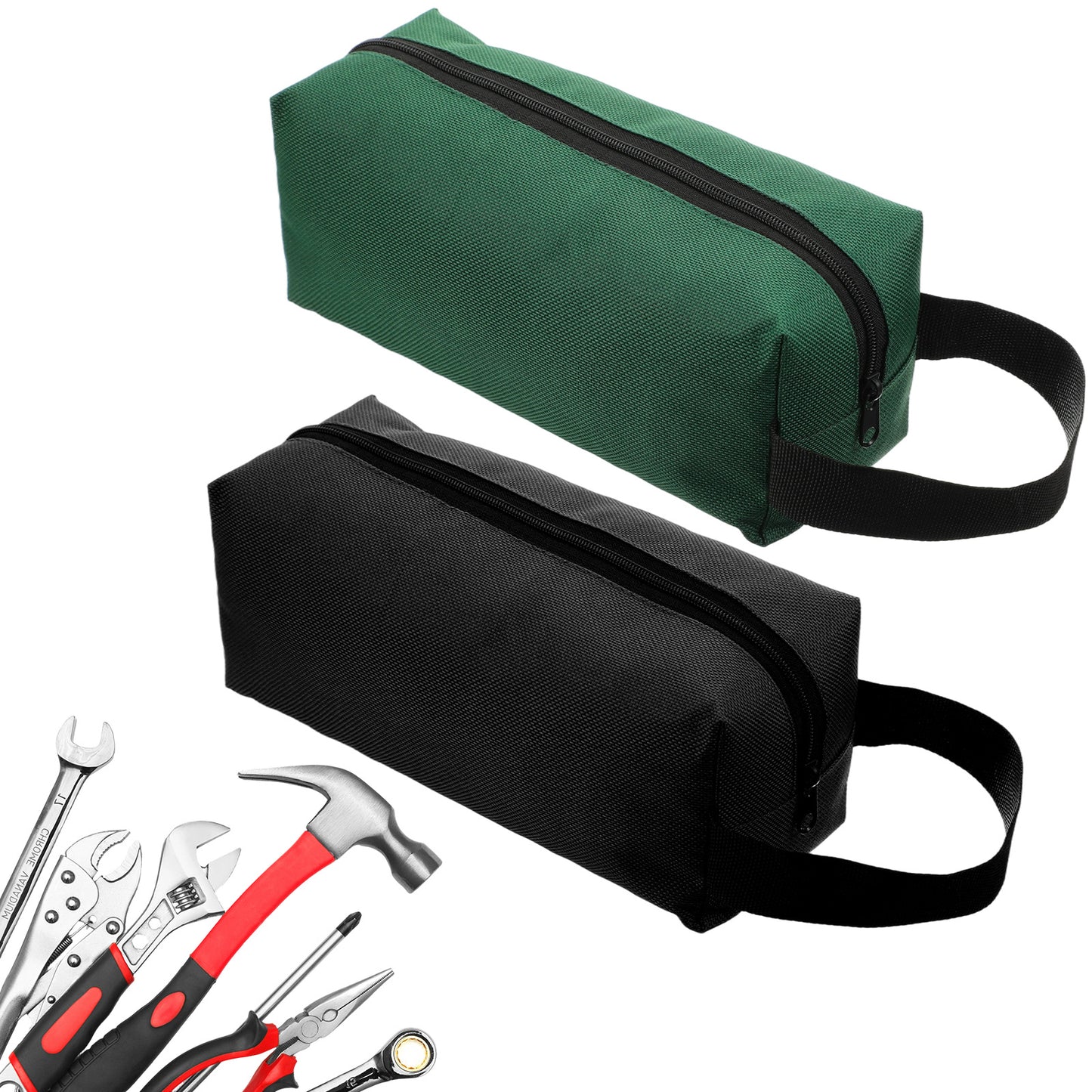 Wanmu 2Pcs Canvas Tool Bag Zipper Pouch, Multi-Purpose Storage Organizer Tote Bags, Small Zippered Screwdriver Tool Bag (Black, Green)
