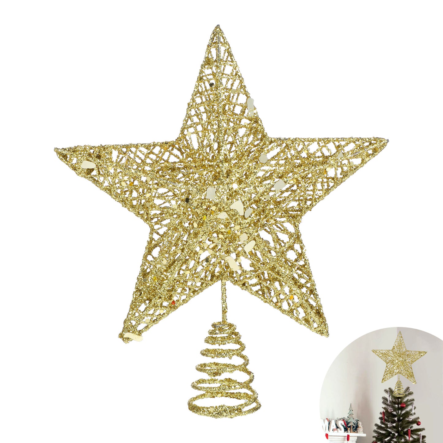 COMNICO Christmas Tree Topper Glittering Gold Hollow Small Star Mini Christmas Tree Decoration 5 Point Star Xmas Treetop Ornaments (25cm/9.8inches)