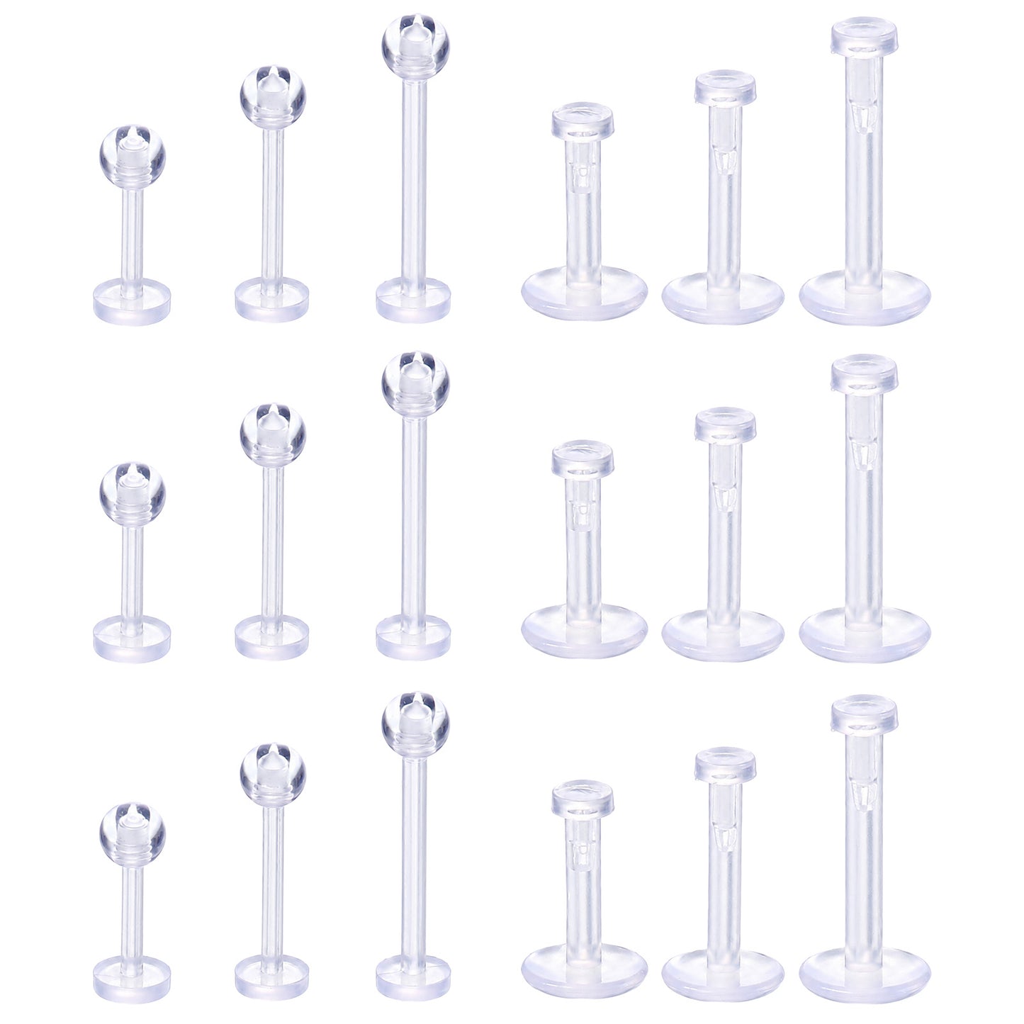 Gsbnjuy Clear Piercing Retainers 18 Pcs Push Top Piercing Earrings Studs Acrylic Piercings Jewelry Kit for Work Sports Ears Tragus Lip Nose Women Men Bar Length 6-10mm