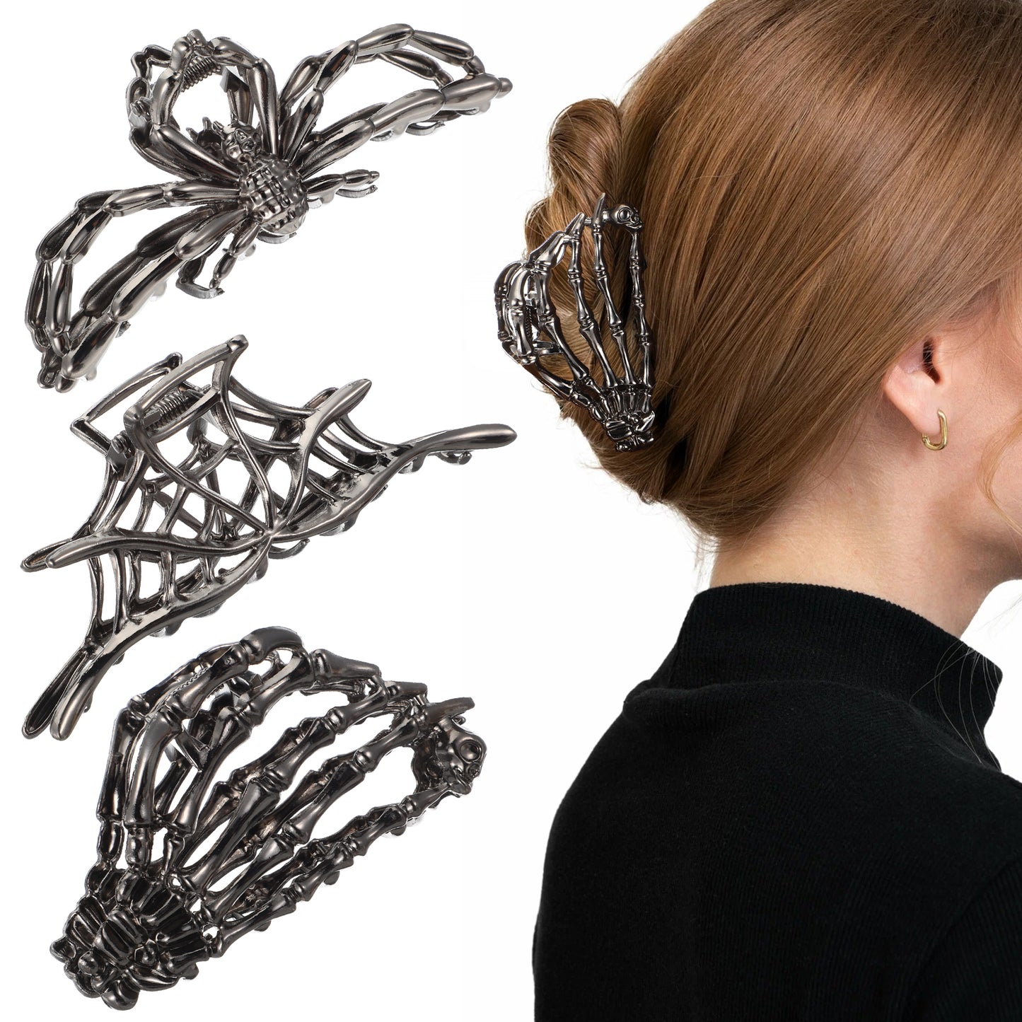 3 Pcs Spider Web Hair Clips Halloween Metal Spider Claw Clips Skeleton Hand Skull Claw Clip Y2K-Style Hairpin Skull Spooky Spooky Gifts Goth Hair Accessories for Women Halloween Party Gift
