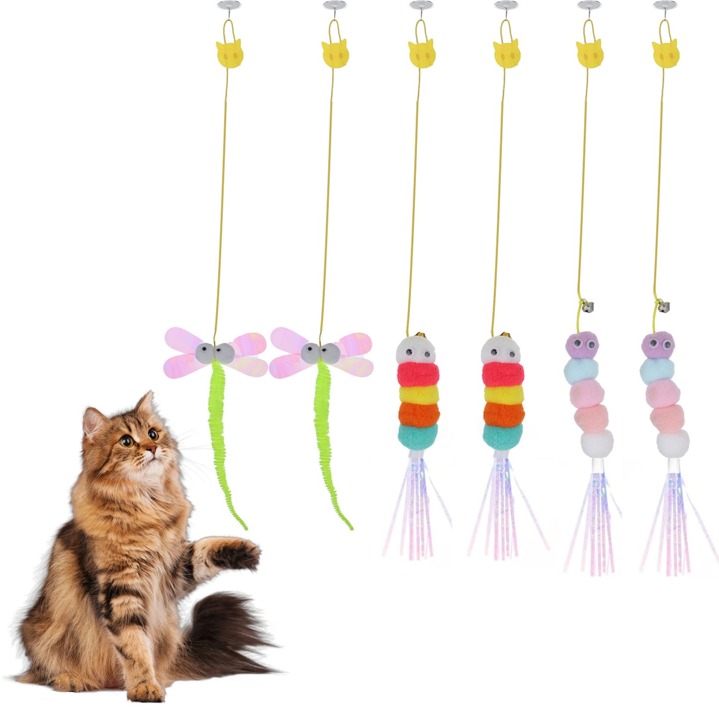 Ptwola 6 Pcs Hanging Cat Toy Interactive Plush Cat Feather Toys Self-adhesive Cat Door Frame Toys Teaser Enrichment Toy for Indoor Cats Kittens Swatting Biting Exercise Hunting Boredom