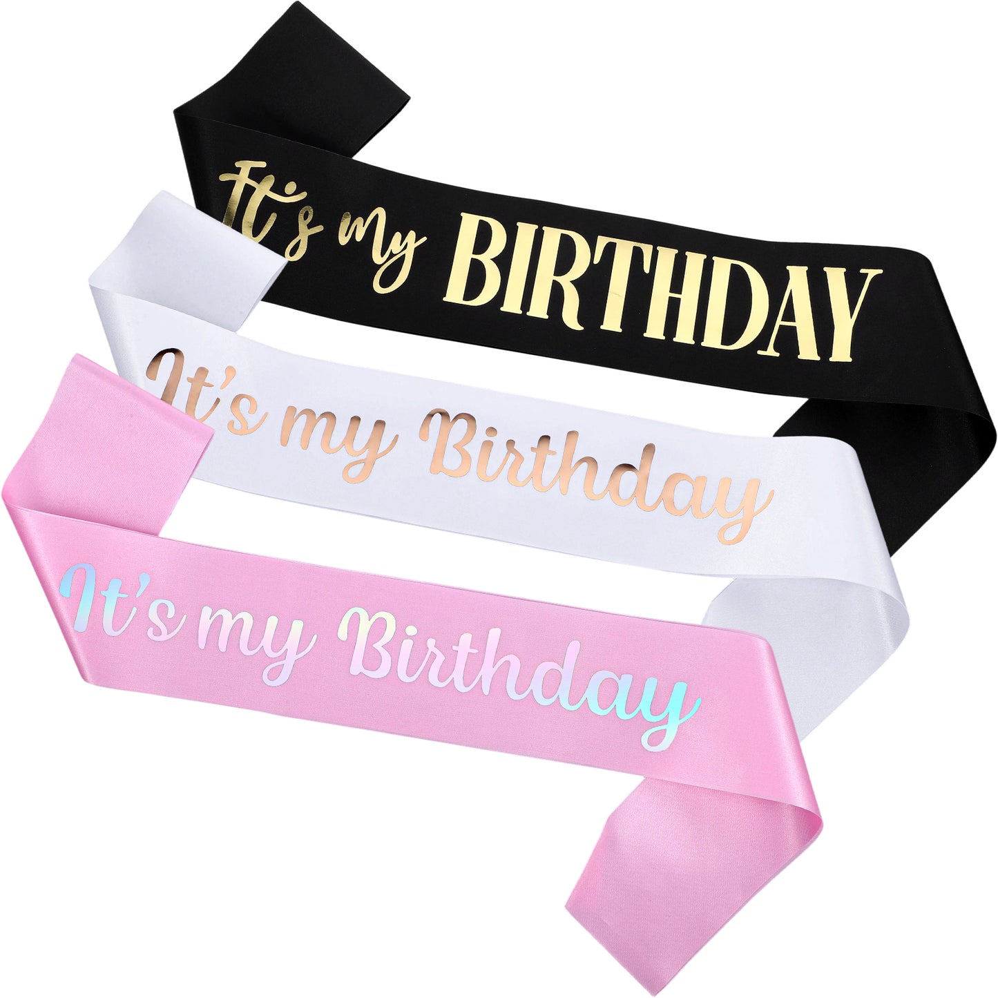 Heclia 3Pcs It's my Birthday Sash for Women Men Adult Happy Birthday Decorations Accessories Gifts Soft Satin Black White Pink Birthday Sash with Gold and Rose Gold Lettering