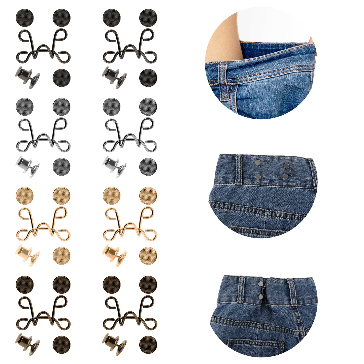 COMNICO 8 Pieces Pant Waist Tightener Adjustable Waist Buckle Set Extra Replacement Button Pins for Loose Jeans to Make Tighter No Sewing Pants Clips for Jeans Dress Pants Skirts Sleeves