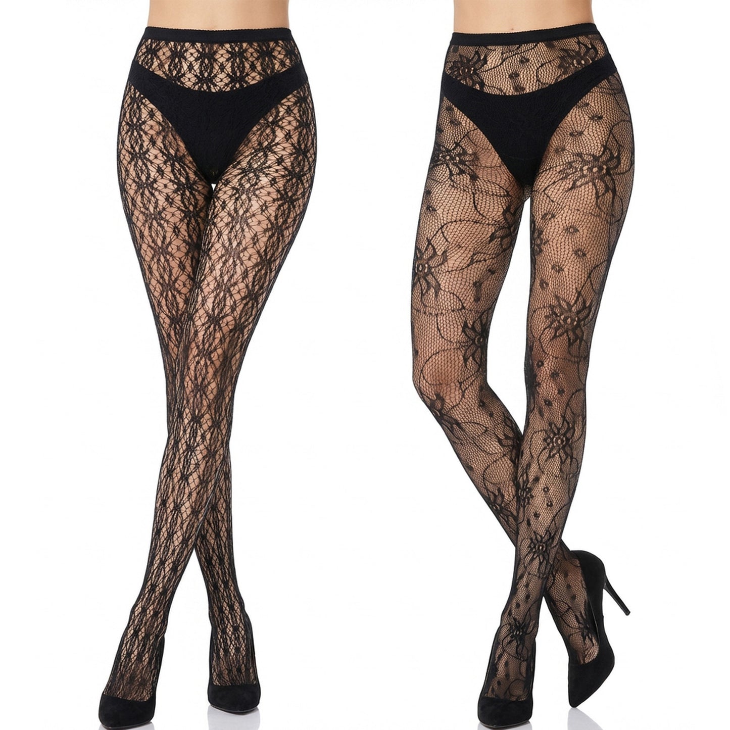 Sibba 2 Pack Floral Tights for Women, Black Fishnet Stocking High Waist Sheer, Pattern Pantyhose Leggings Lace Tights for Party Date Dai