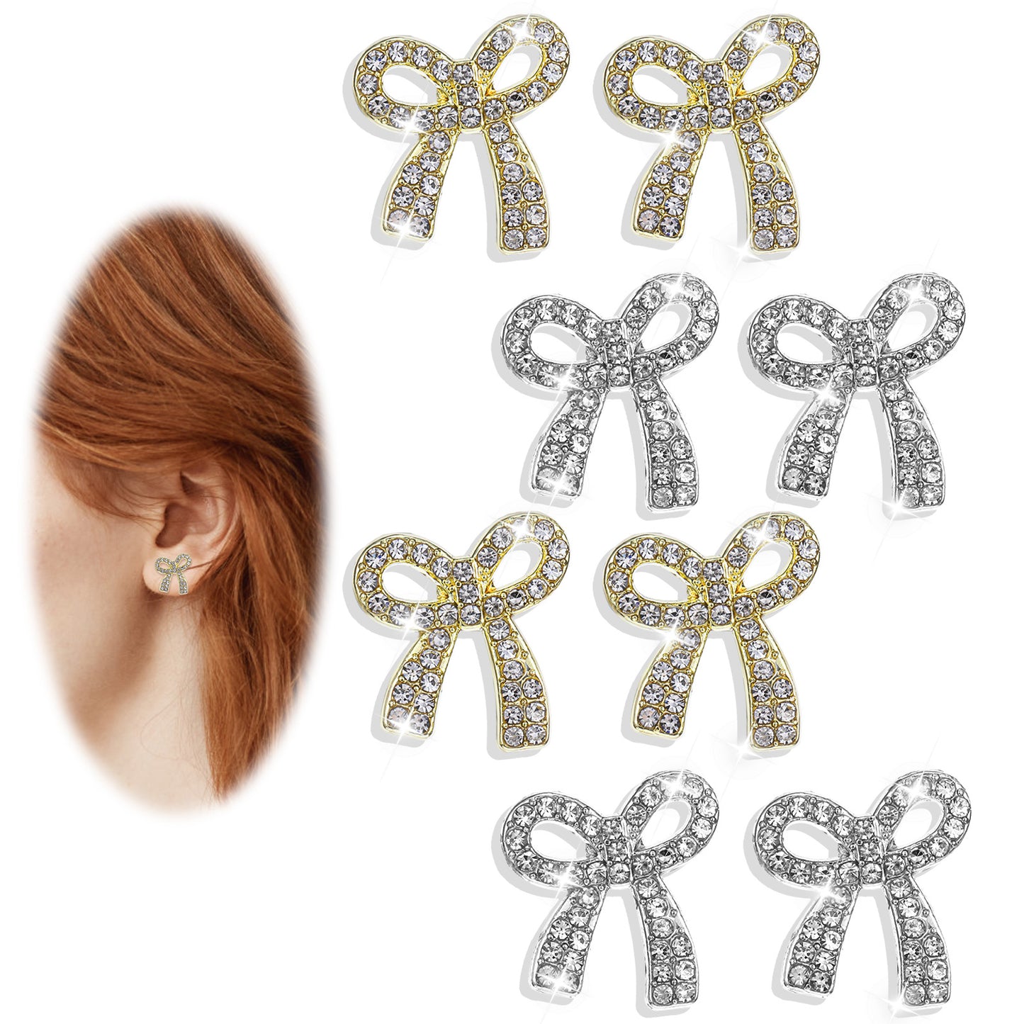 Sibba Bow Earrings 4 Pairs Trendy Stud Earrings Rhinestone Pearl Dangle Earrings Stocking Stuffers Womens Gifts Crystal Setting for Christmas Valentine's Day Prom Wedding Party (Gold&Silver)