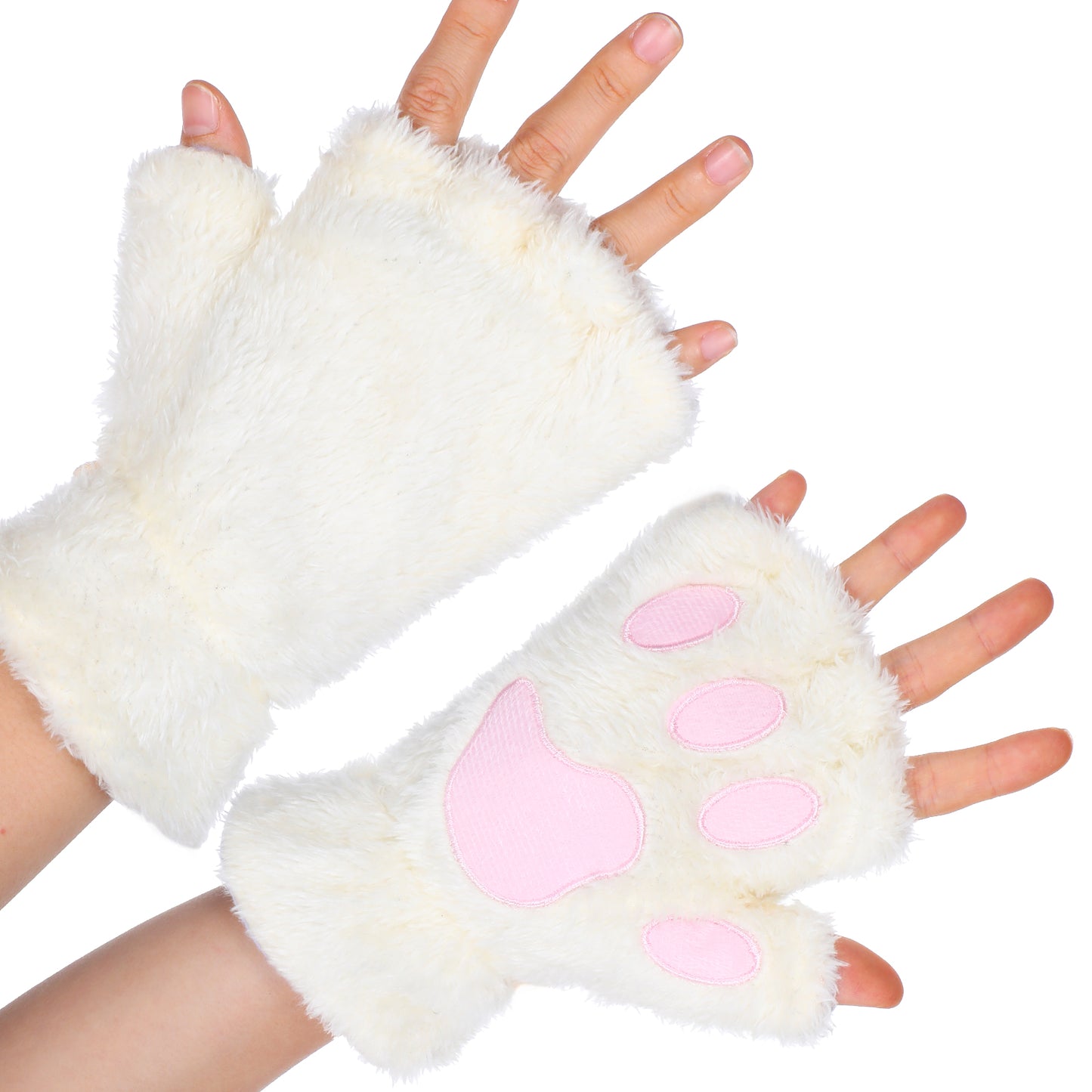 COMNICO Cat Paws Gloves Soft Hand Paw Gear Bear Furry Paw Fingerless Cat Mittens Halloween Cosplay Costume Accessories (White)