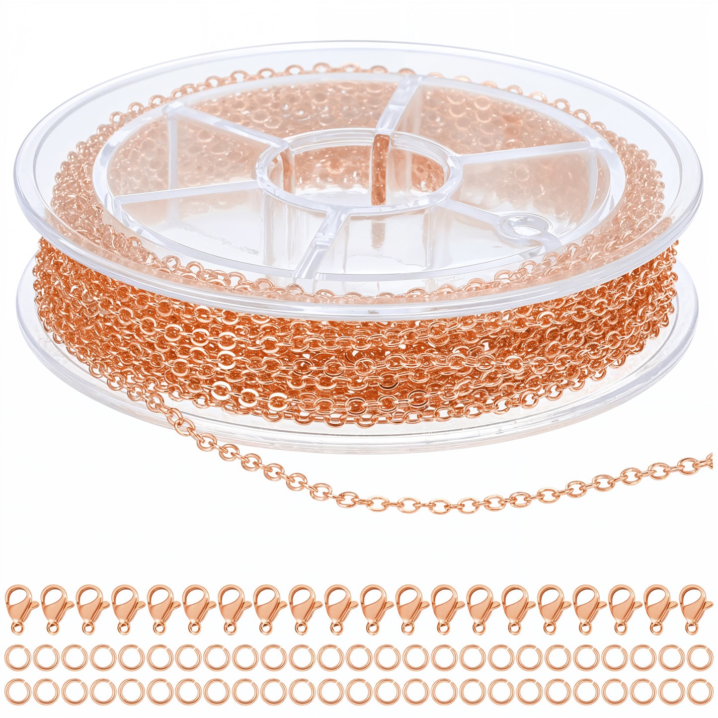 COMNICO 16.4ft Stainless Steel Chain 2.4mm Jewelry Cable Link Chain Roll DIY Craft Supplies Findings with 20pcs Lobster Clasps 50pcs Jump Rings for Making Necklace Earring Bracelet (Rose Gold)