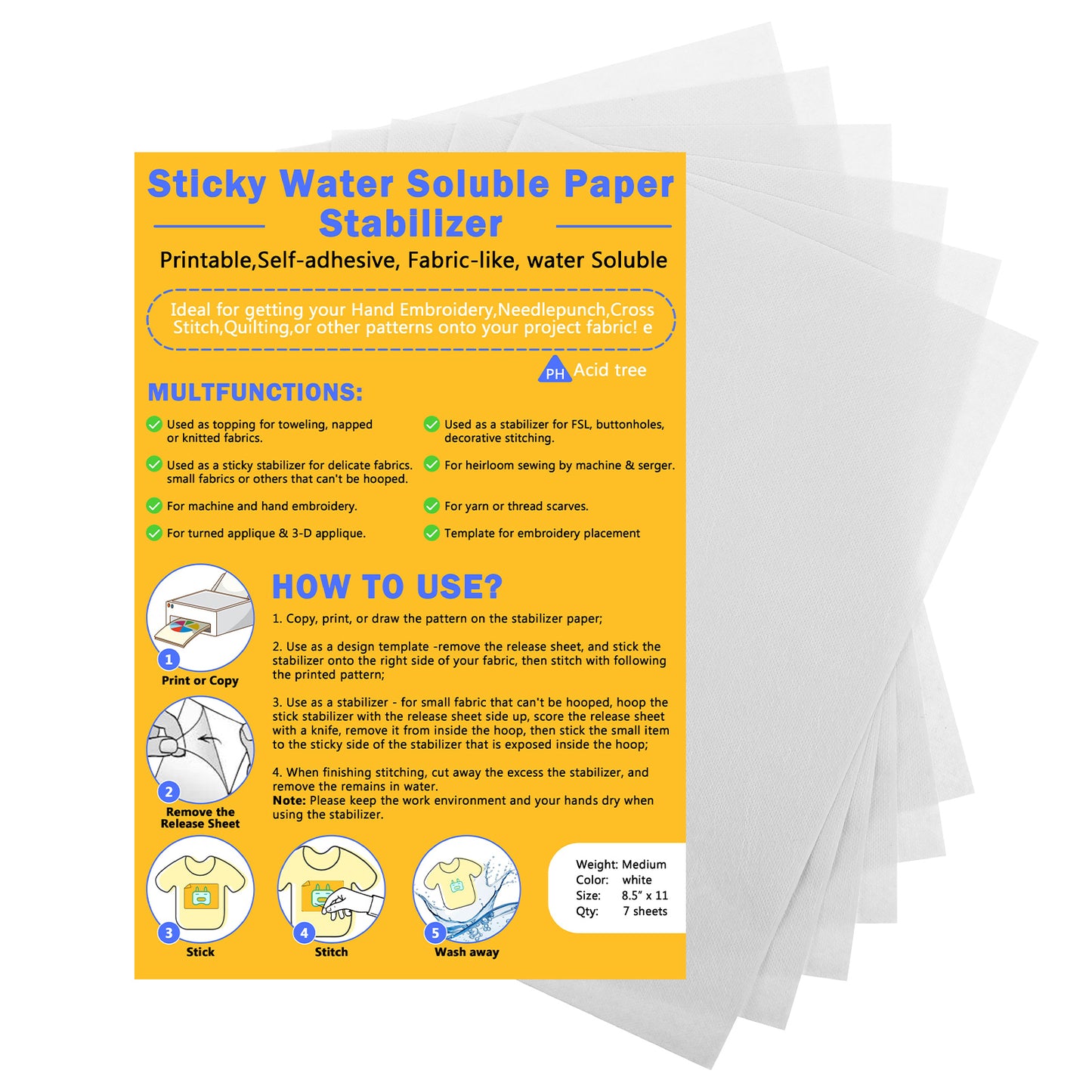 Wanmu 7Pcs Water Soluble Embroidery Stabilizer, 8.7x11.81" Stick & Stitch Embroidery Paper Wash Away, Printable Embroidery Transfer Paper for Print or Draw Patterns Best for Hand & Machine Embroidery